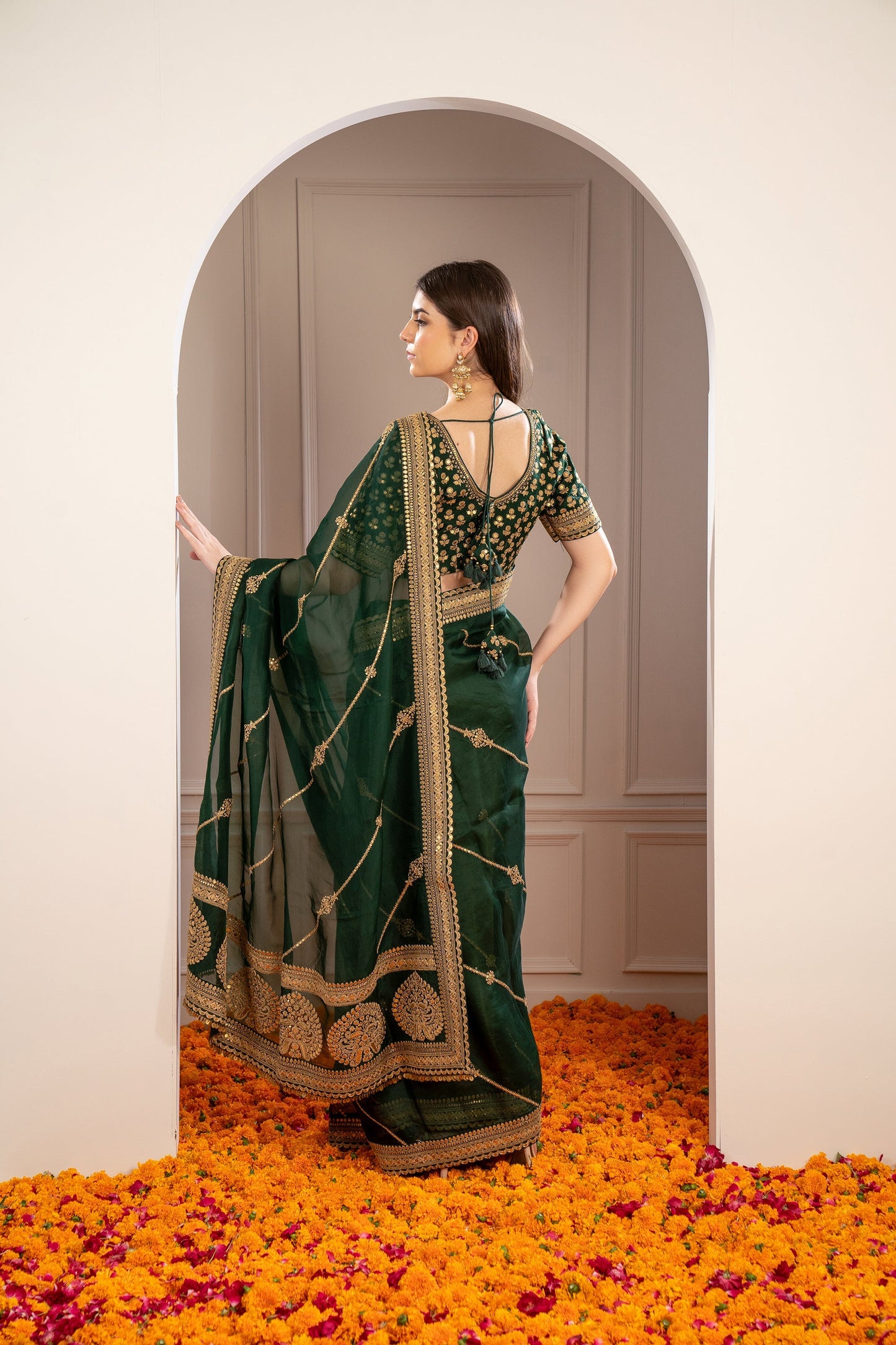 Pine Green Semi Silk Saree with Pita work