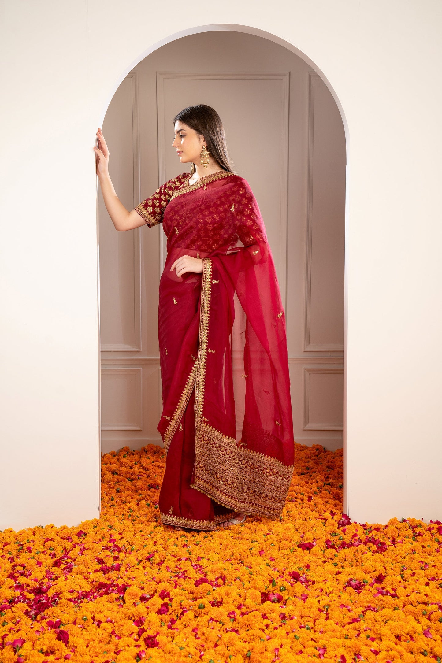 Maroon Organza Saree with machine work