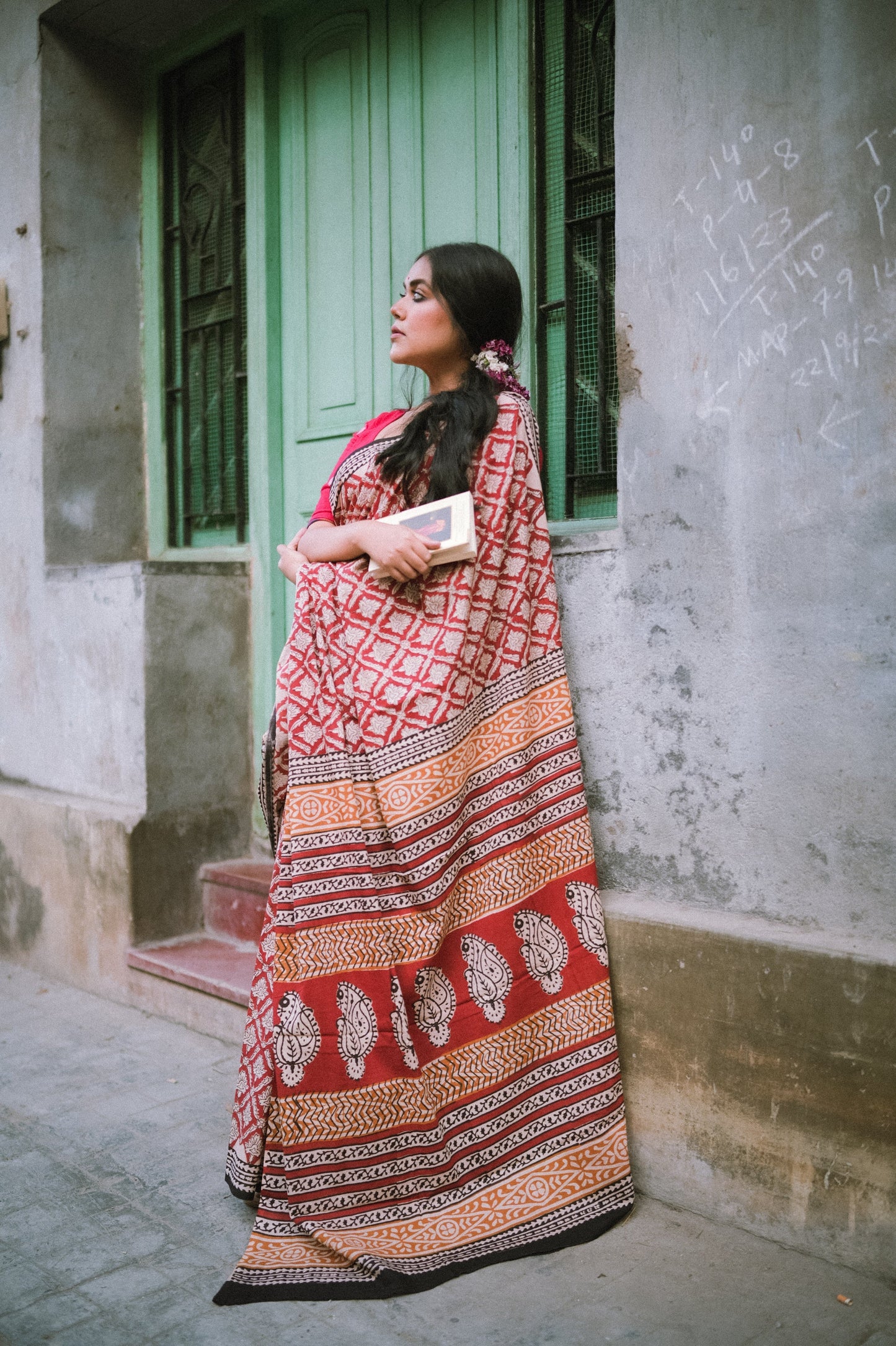 Brick Red Bagru Saree - Handblock Print Natural Dyed - Mulmul Cotton Saree