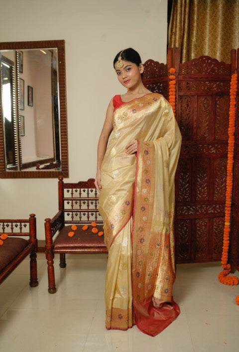 Cream Katan Pure Silk Saree