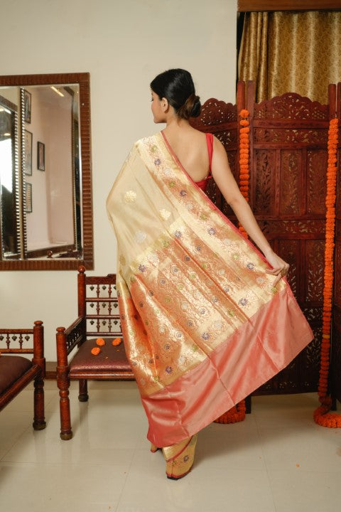 Cream Katan Pure Silk Saree