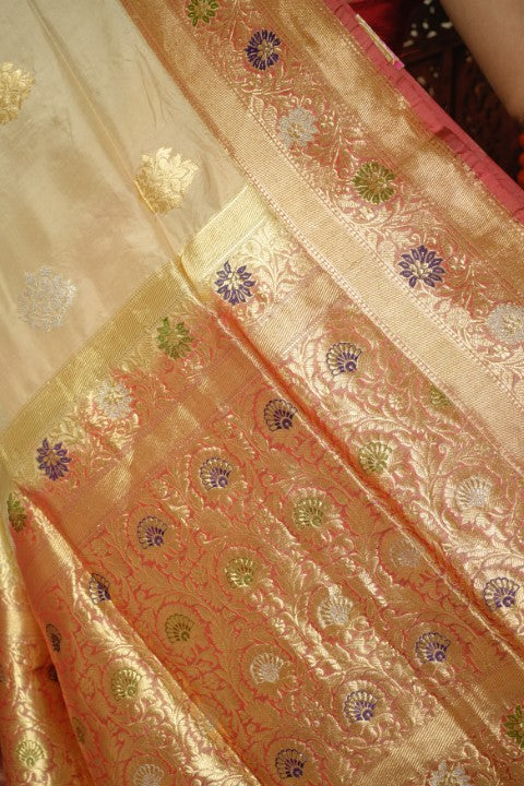 Cream Katan Pure Silk Saree