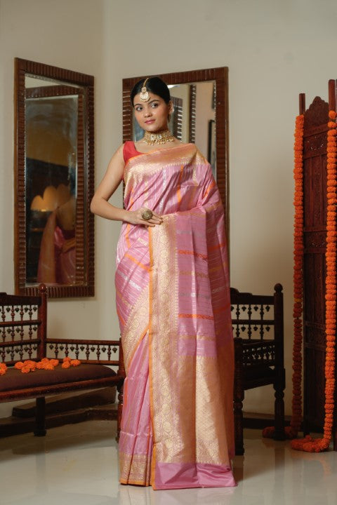 Baby Pink Katan Pure Silk Saree
