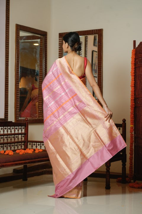 Baby Pink Katan Pure Silk Saree