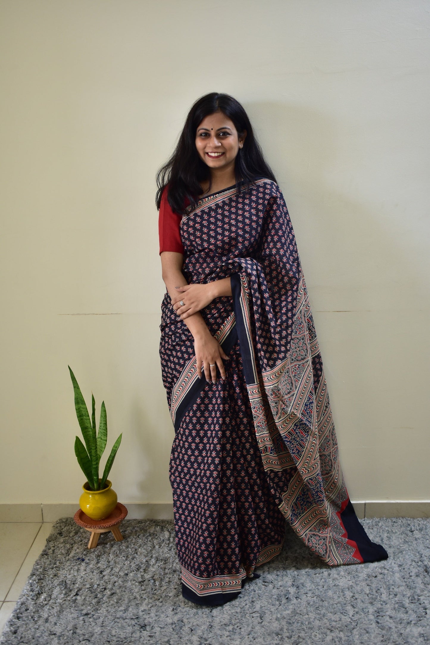 Maa-Si -  Black Ajarkh Handblock - Cotton Mulmul Handblock Saree