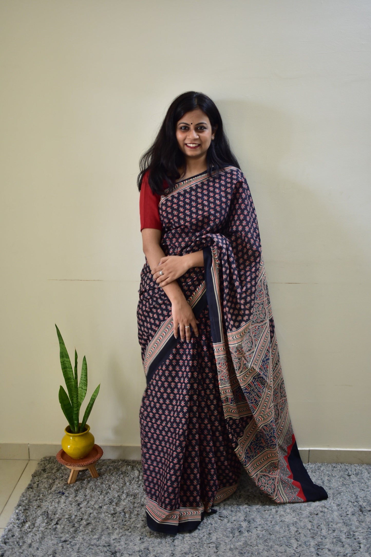Maa-Si - Black Ajarkh Handblock - Cotton Mulmul Handblock Saree