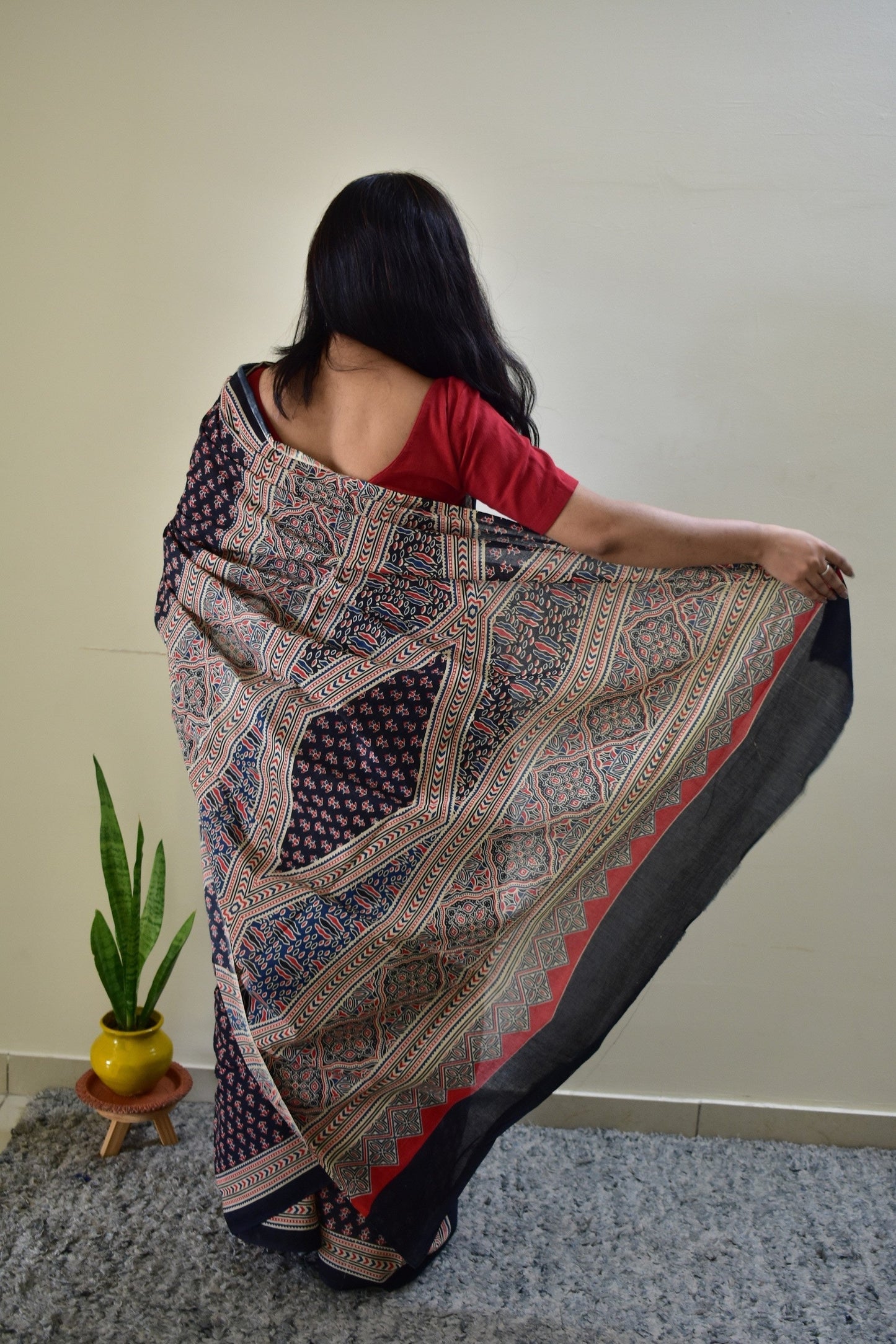 Maa-Si - Black Ajarkh Handblock - Cotton Mulmul Handblock Saree