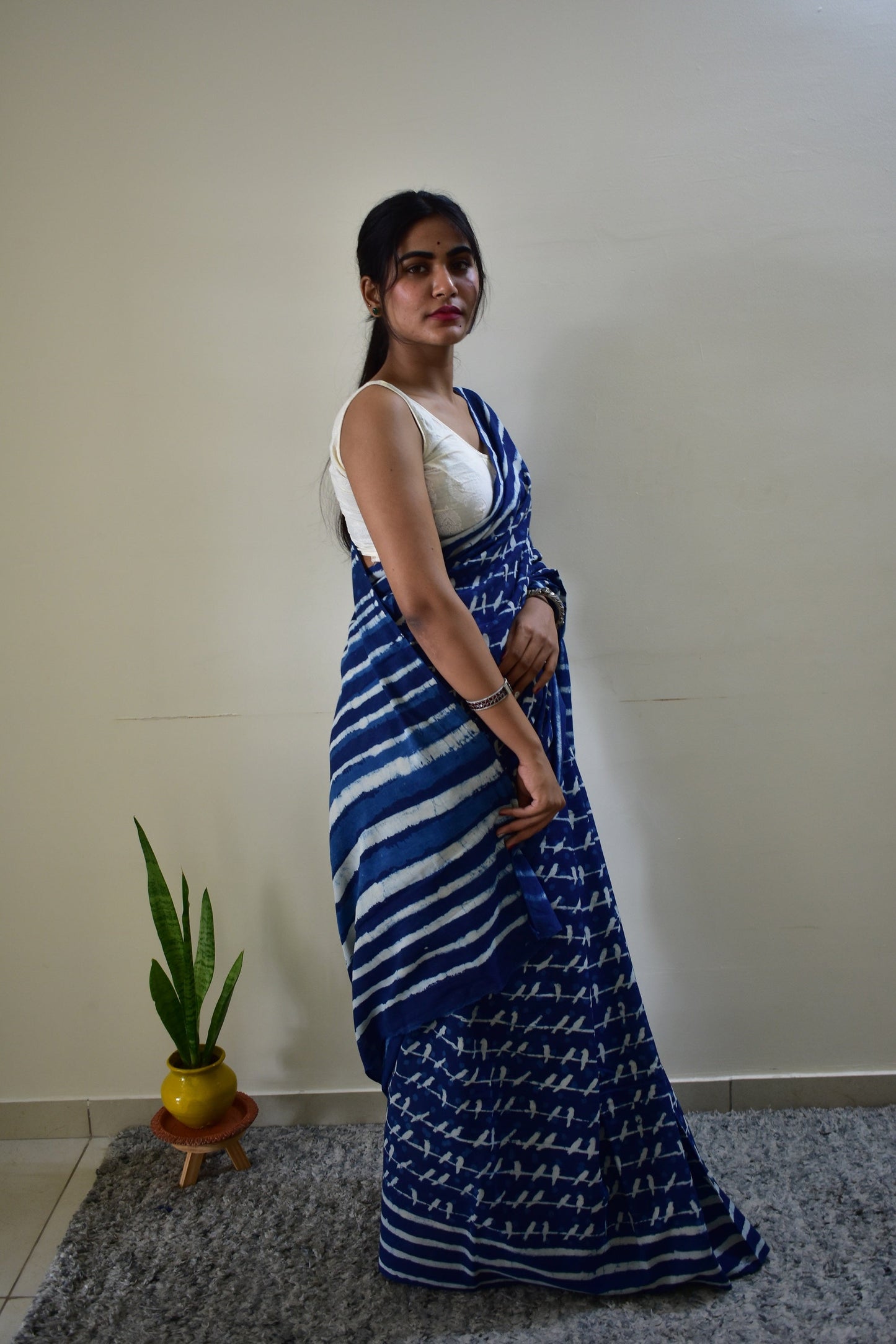 Sonchoraiya Indigo - Blue Cotton Mulmul - Handblock Dabu Saree