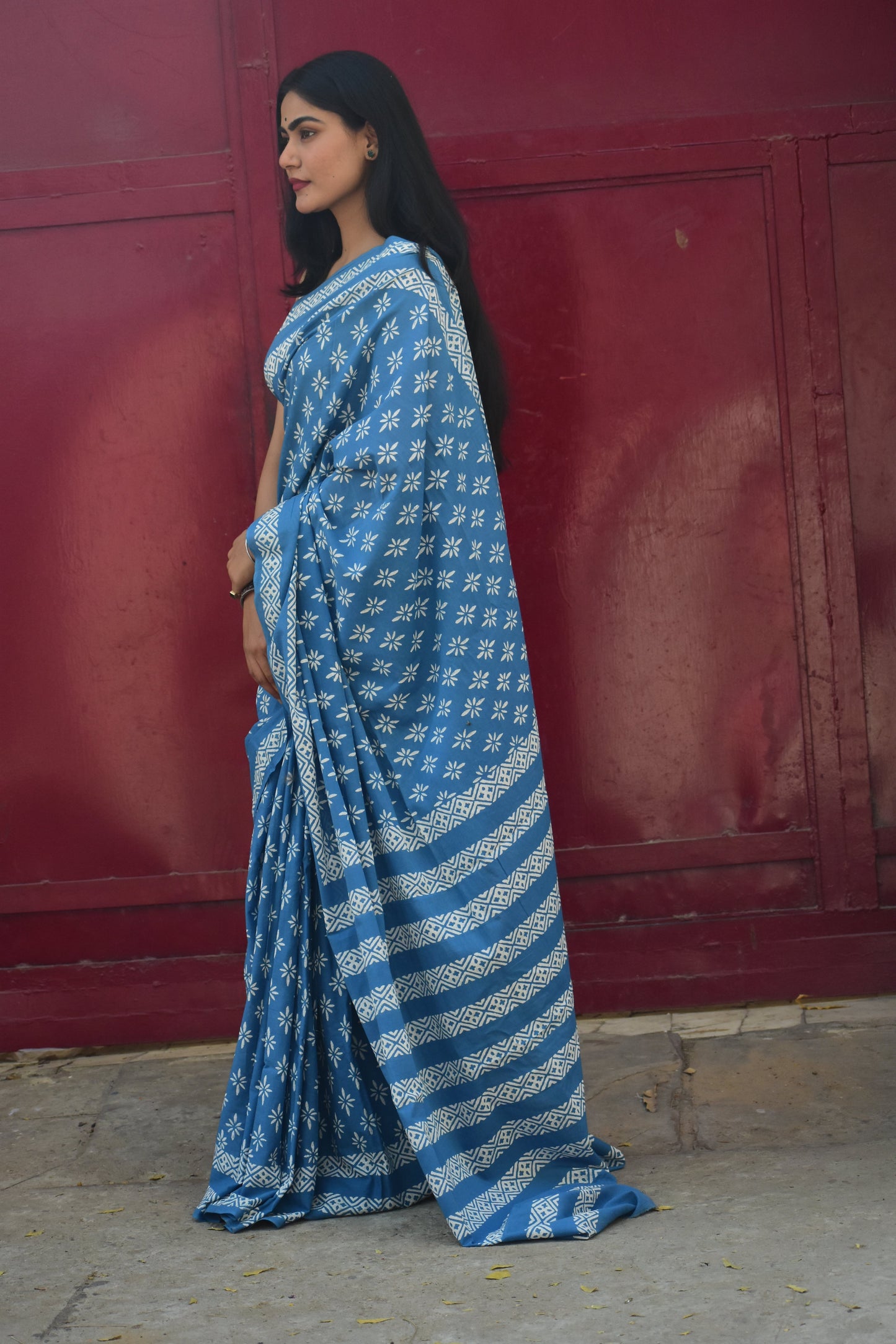 No Rules - Mulmul Cotton Block Printed Blue Saree