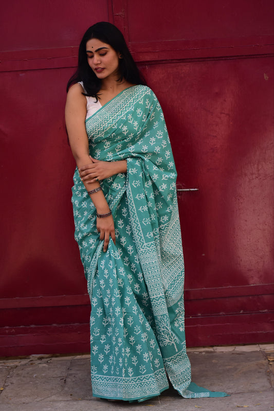 Mint Green Handblock Print Natural Dyed Mulmul Cotton Saree
