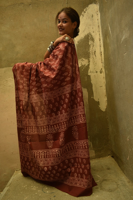 Mocha Coffee- Handblock Print Natural Dyed - Mulmul Cotton Saree