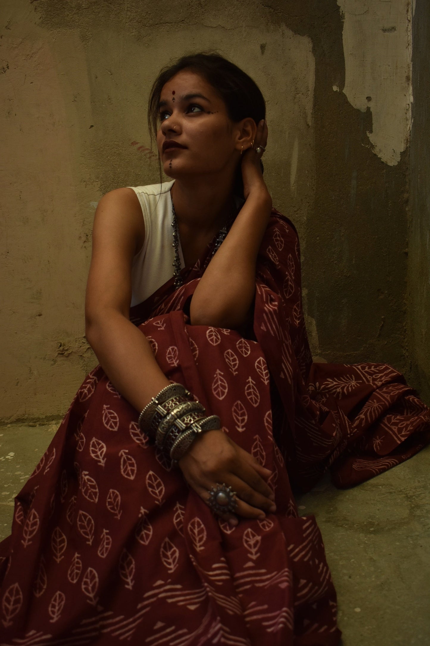 Mocha Coffee- Handblock Print Natural Dyed - Mulmul Cotton Saree