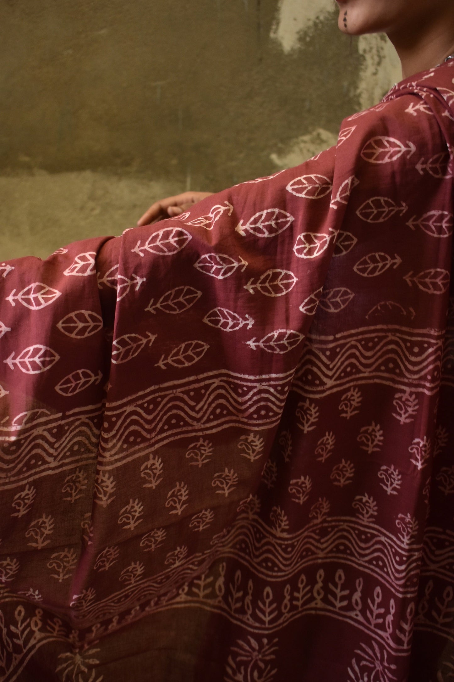 Mocha Coffee- Handblock Print Natural Dyed - Mulmul Cotton Saree