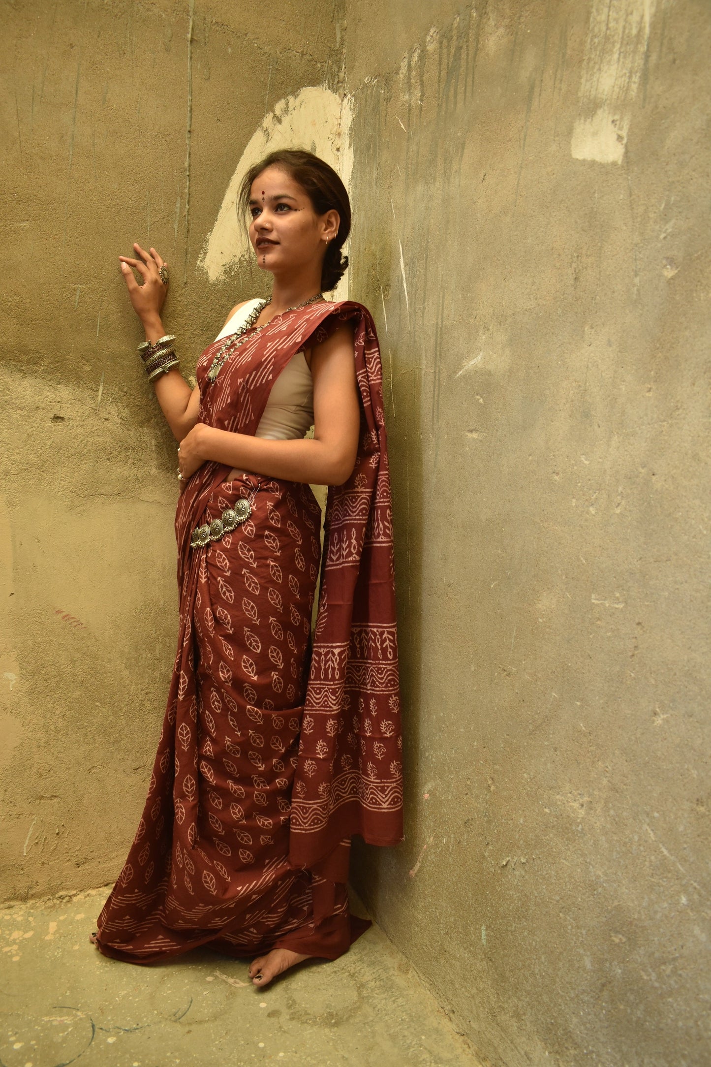 Mocha Coffee- Handblock Print Natural Dyed - Mulmul Cotton Saree