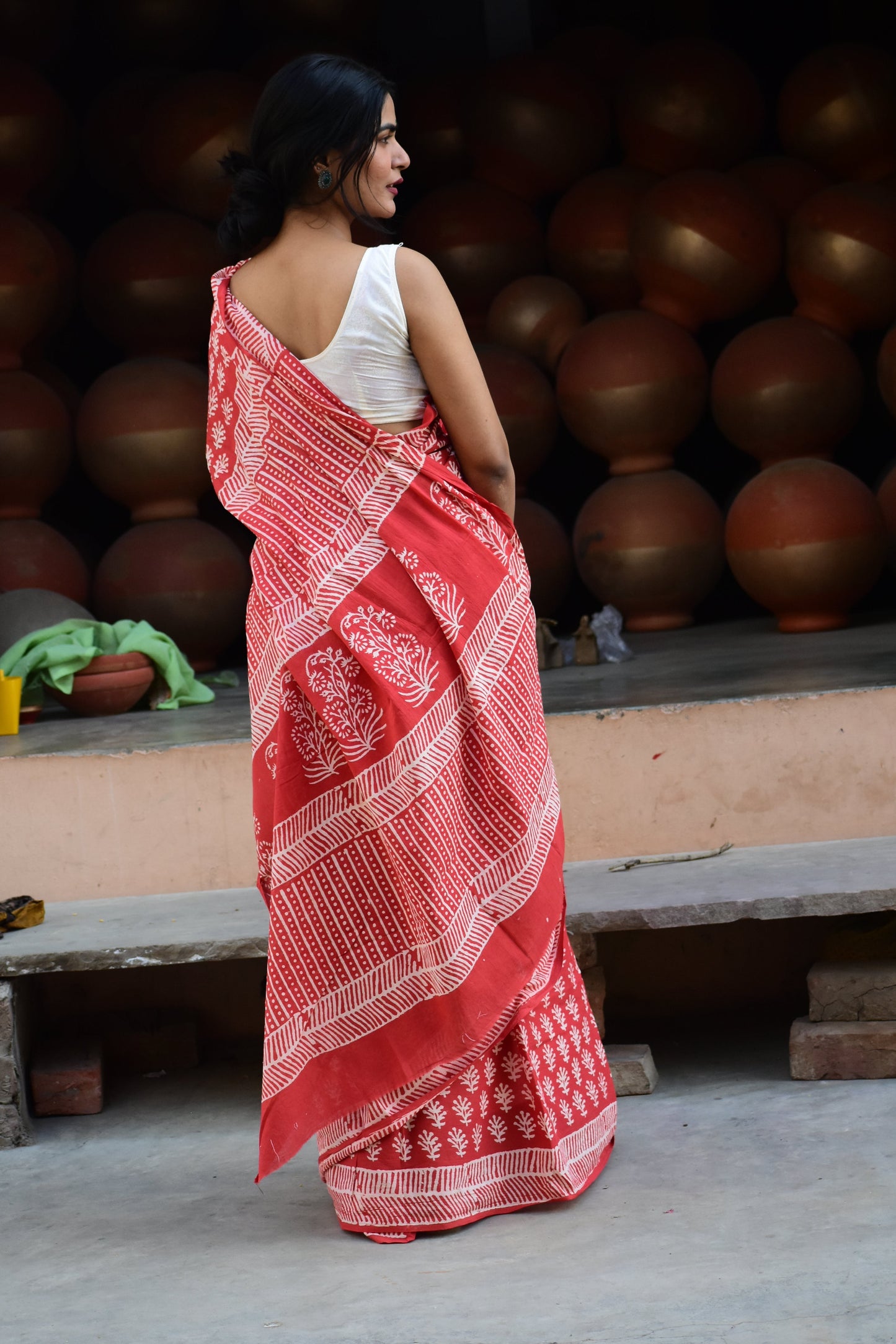 Eye-Candy  - Mulmul Cotton Block Printed Red Saree