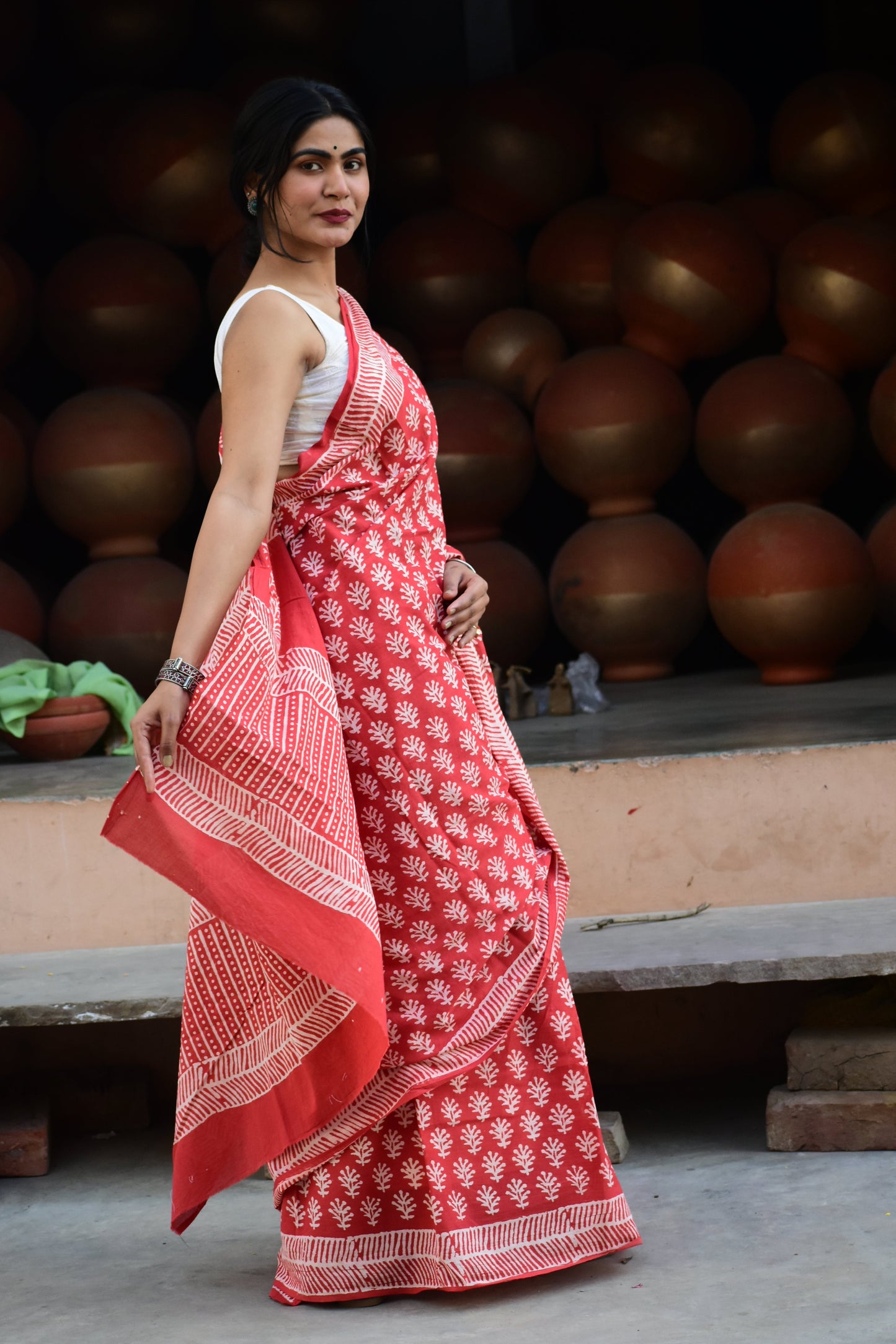 Eye-Candy - Mulmul Cotton Block Printed Red Saree