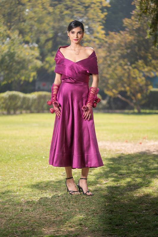 Bougainvillea Purple Milano Satin Off Shoulder Dress