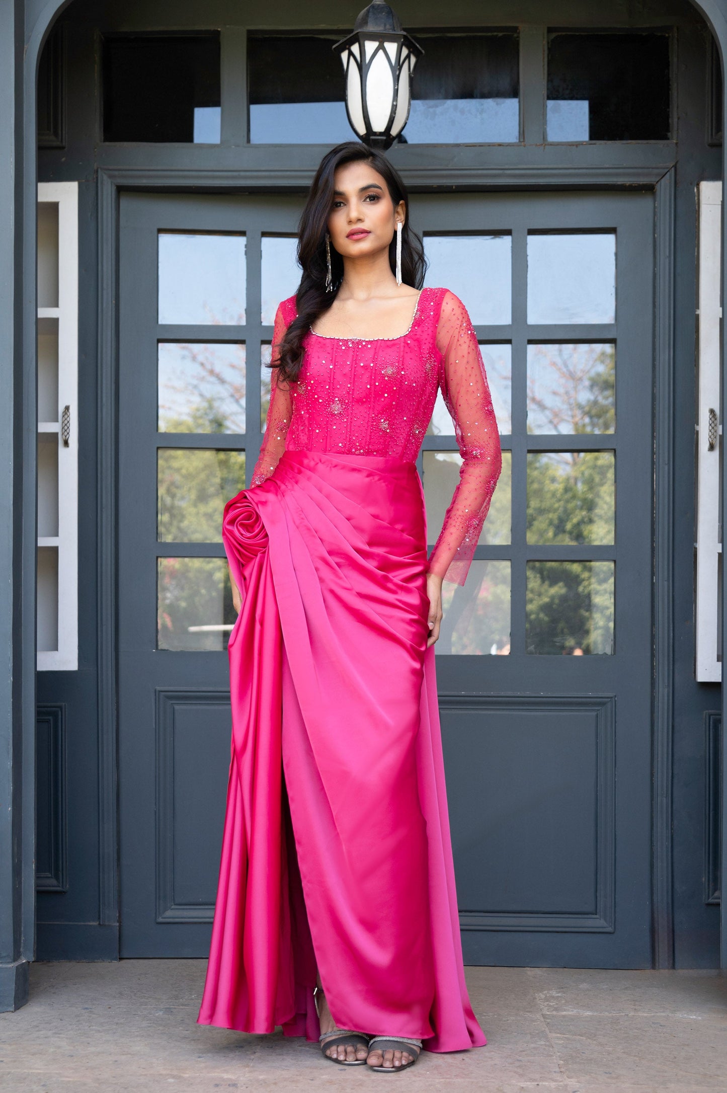 Camellia Fuchsia Pink Satin Silk Bridesmaid Gown