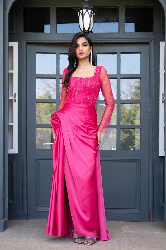Camellia Fuchsia Pink Satin Silk Bridesmaid Gown