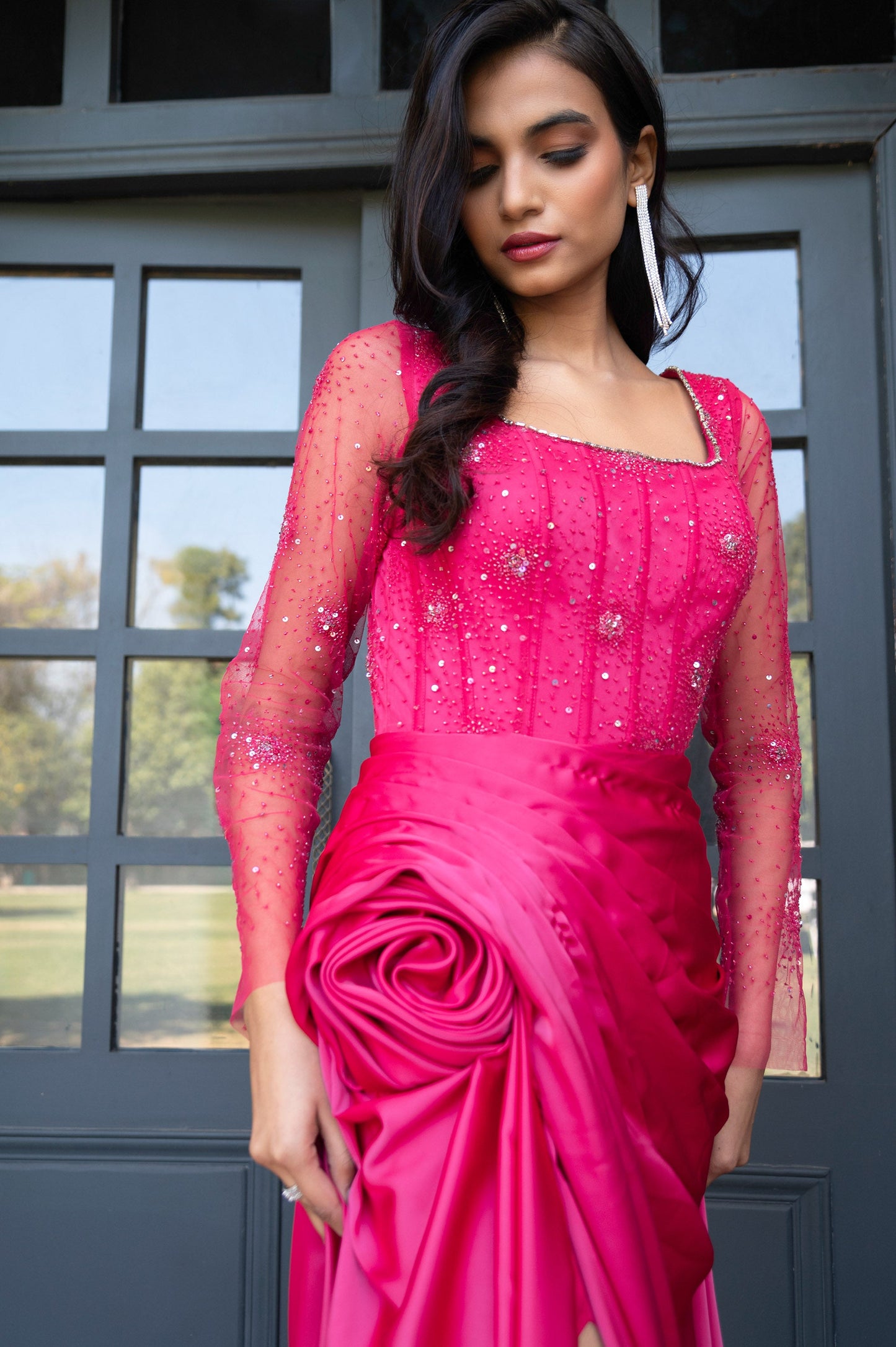 Camellia Fuchsia Pink Satin Silk Bridesmaid Gown