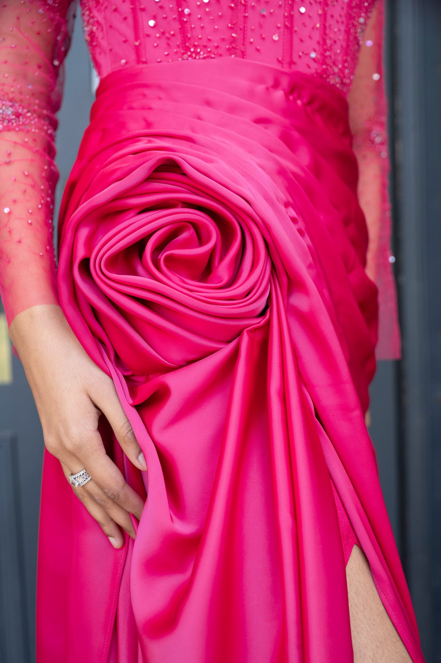 Camellia Fuchsia Pink Satin Silk Bridesmaid Gown