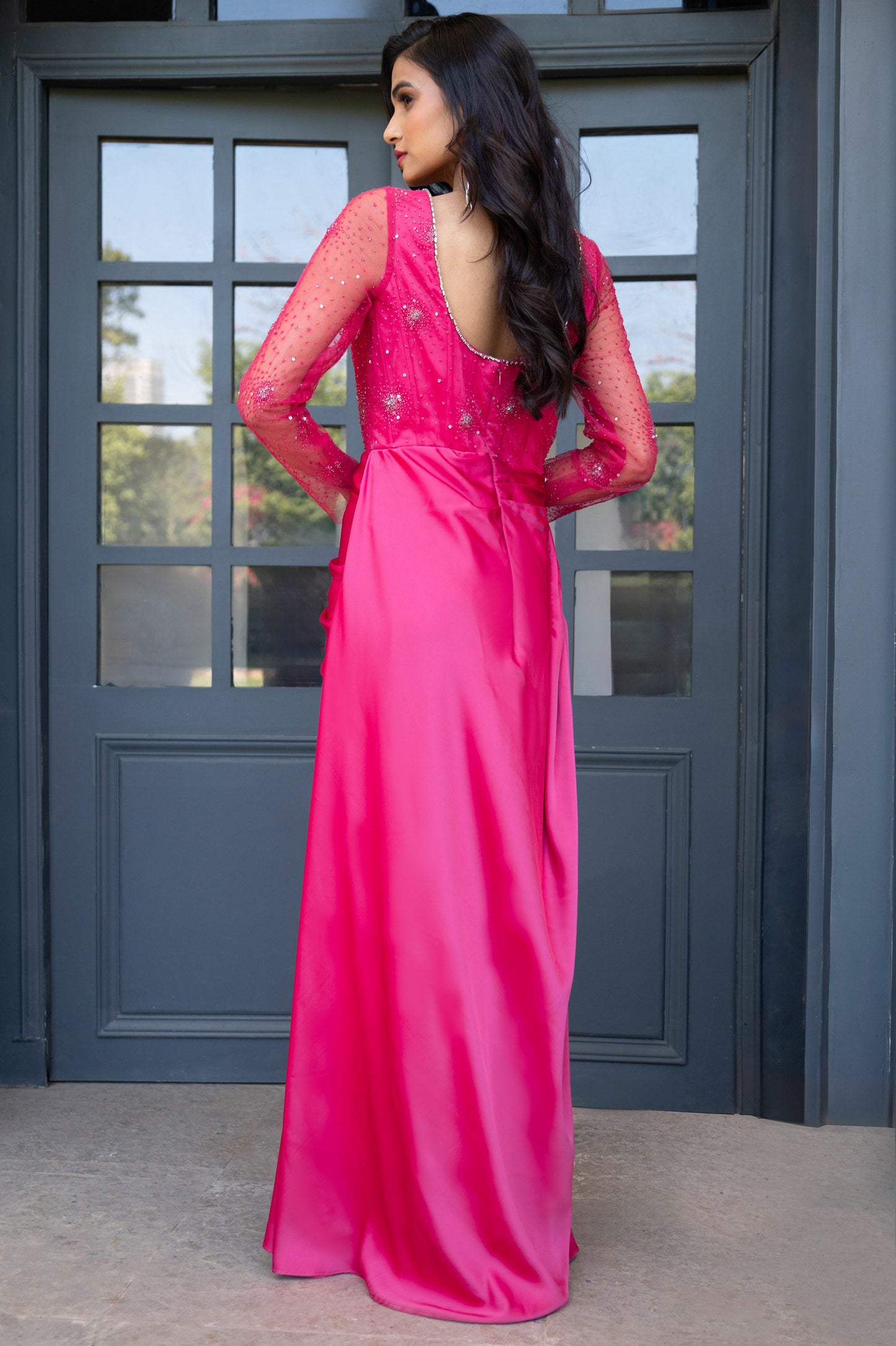 Camellia Fuchsia Pink Satin Silk Bridesmaid Gown