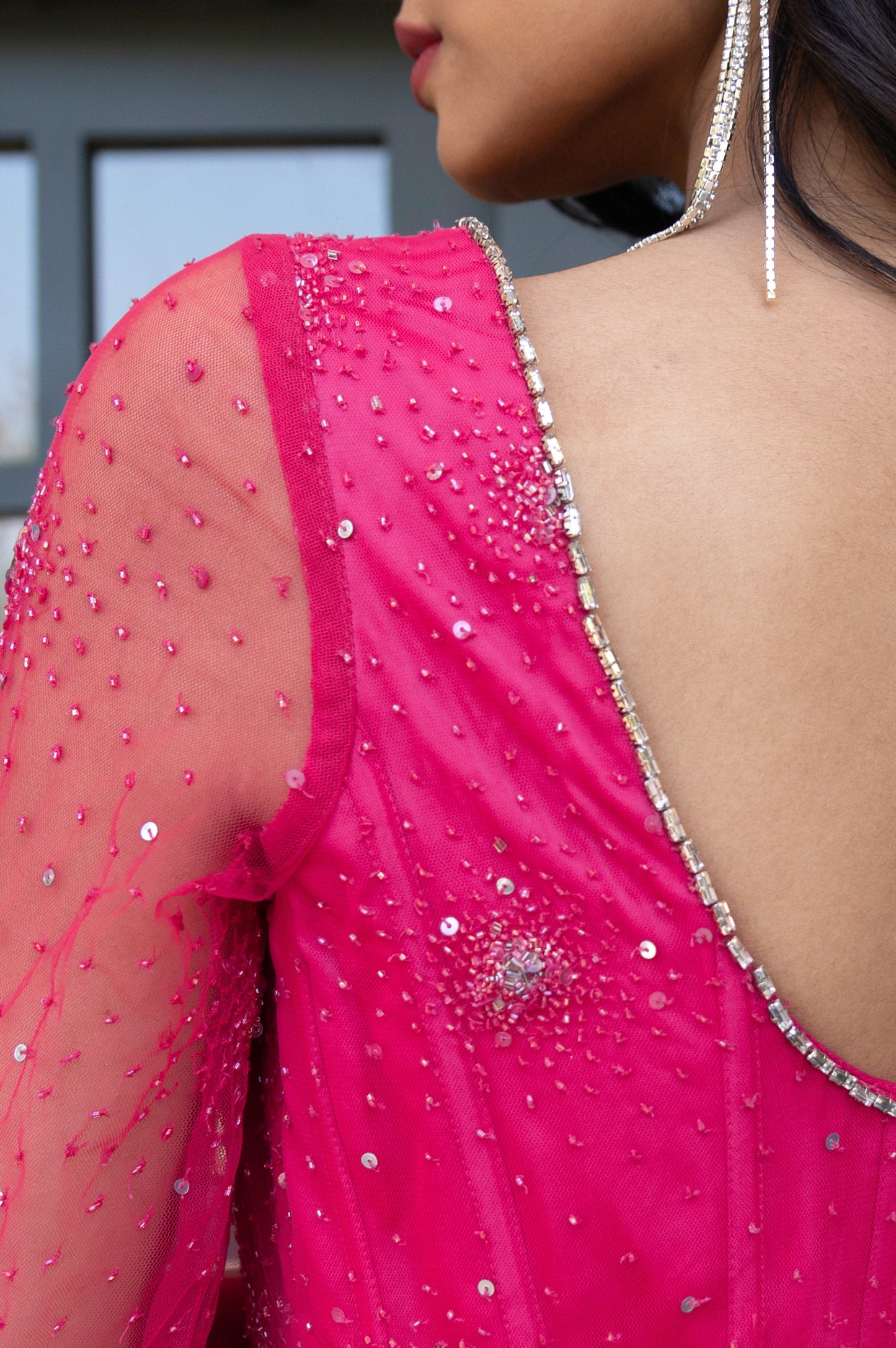 Camellia Fuchsia Pink Satin Silk Bridesmaid Gown