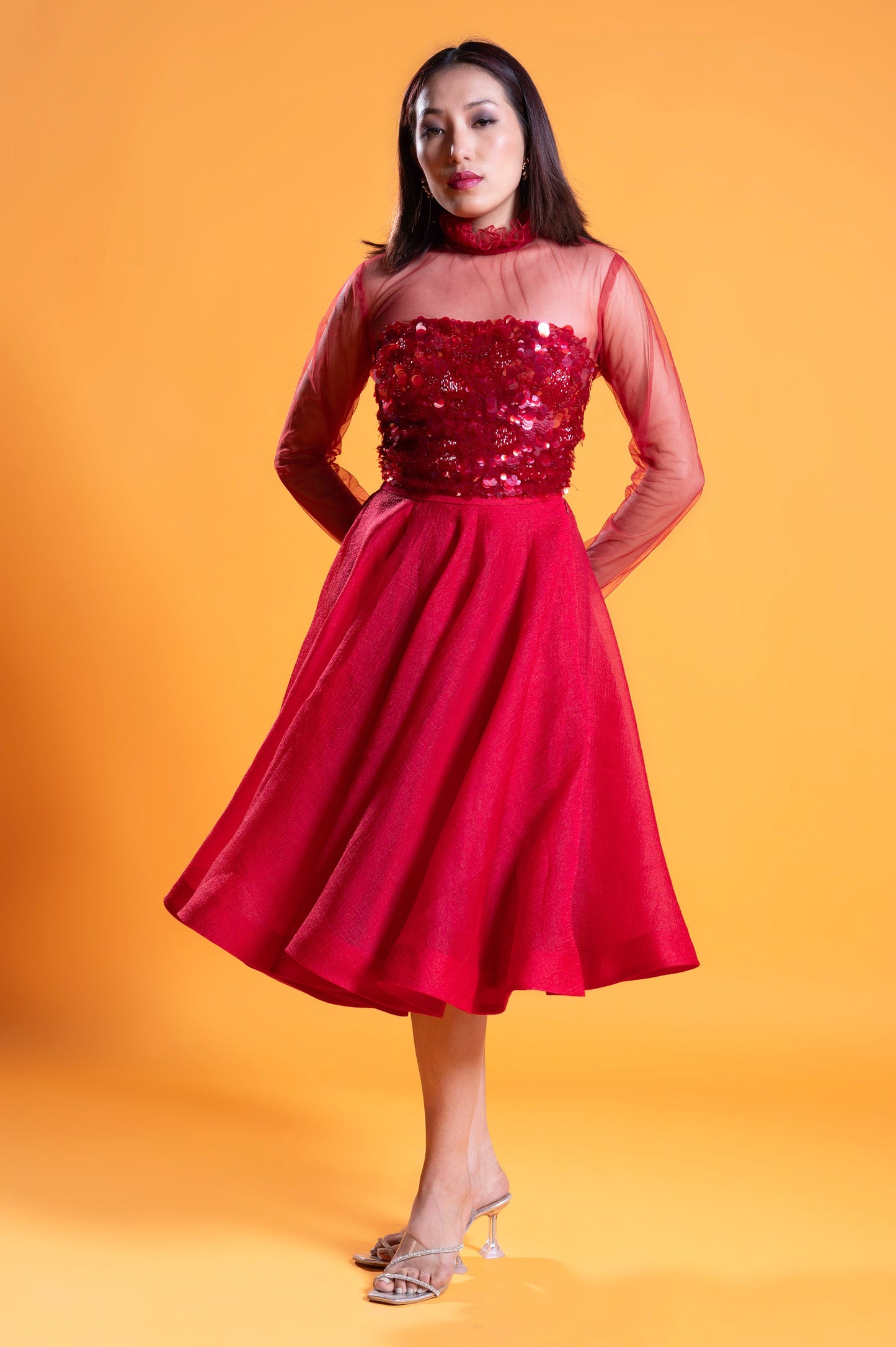 Verbena Red Satin & Tulle Three Piece Party Wear Set