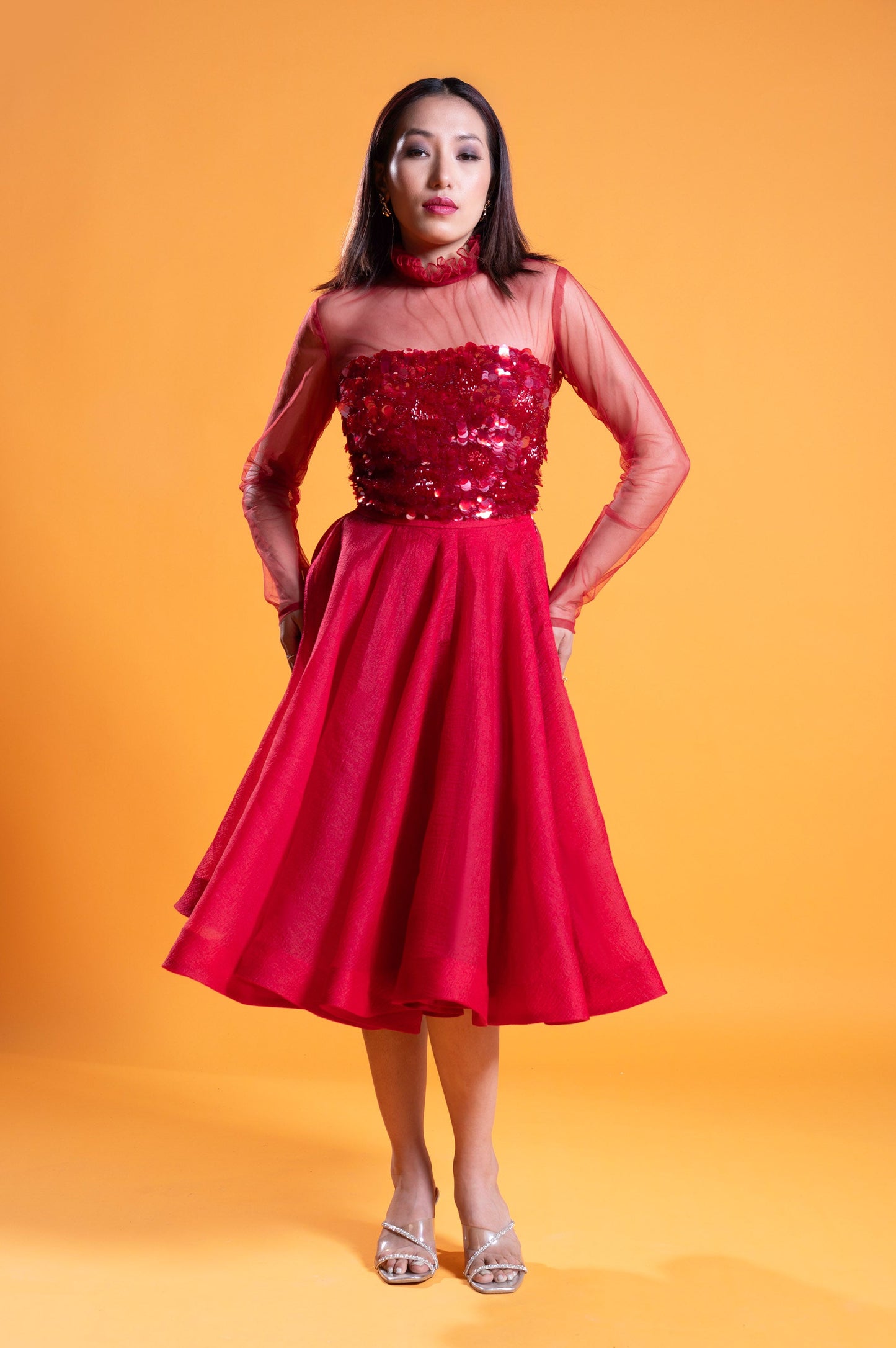 Verbena Red Satin & Tulle Three Piece Party Wear Set