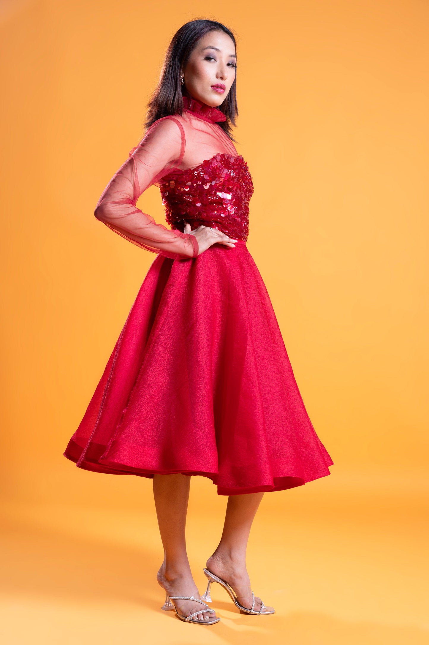 Verbena Red Satin & Tulle Three Piece Party Wear Set