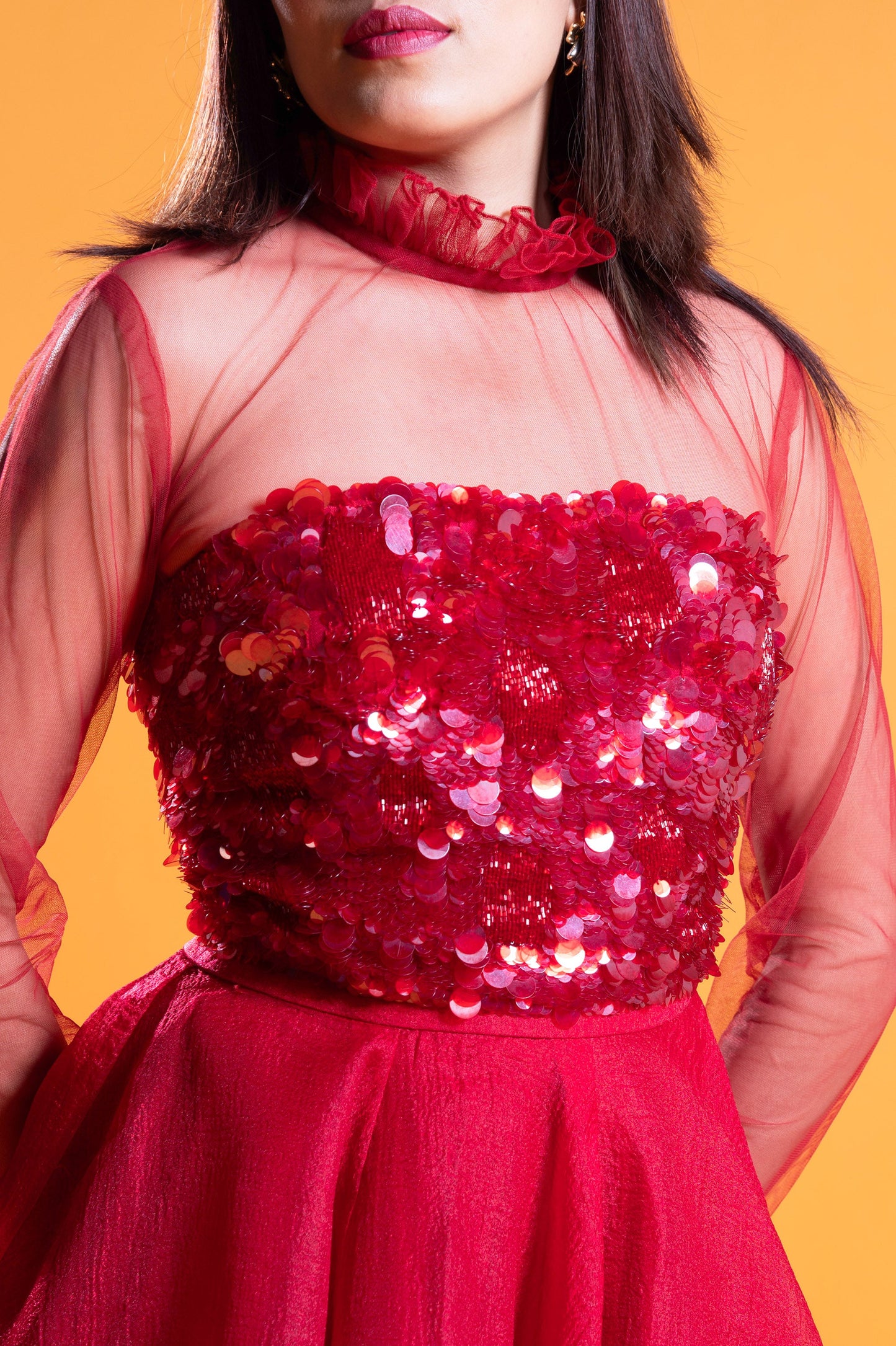 Verbena Red Satin & Tulle Three Piece Party Wear Set