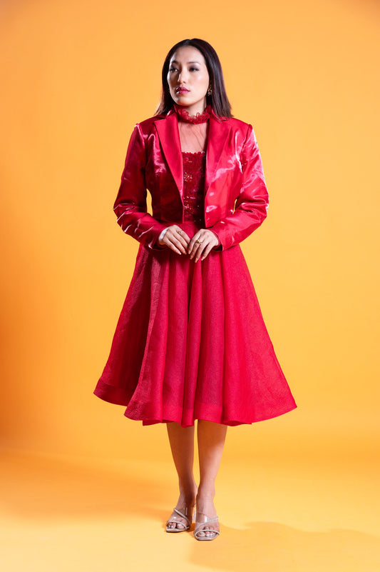 Verbena Red Satin & Tulle Three Piece Party Wear Set