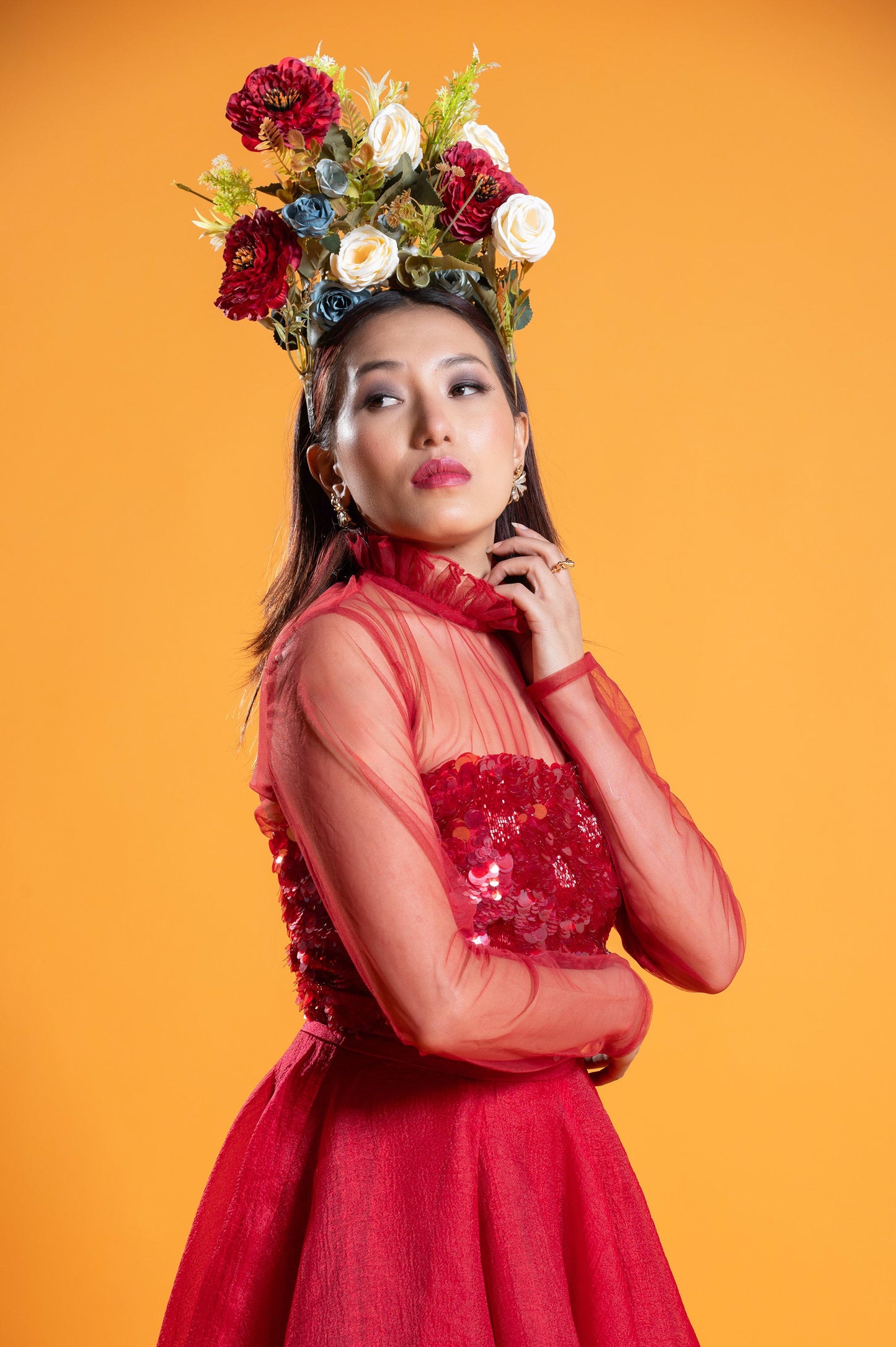 Verbena Red Satin & Tulle Three Piece Party Wear Set