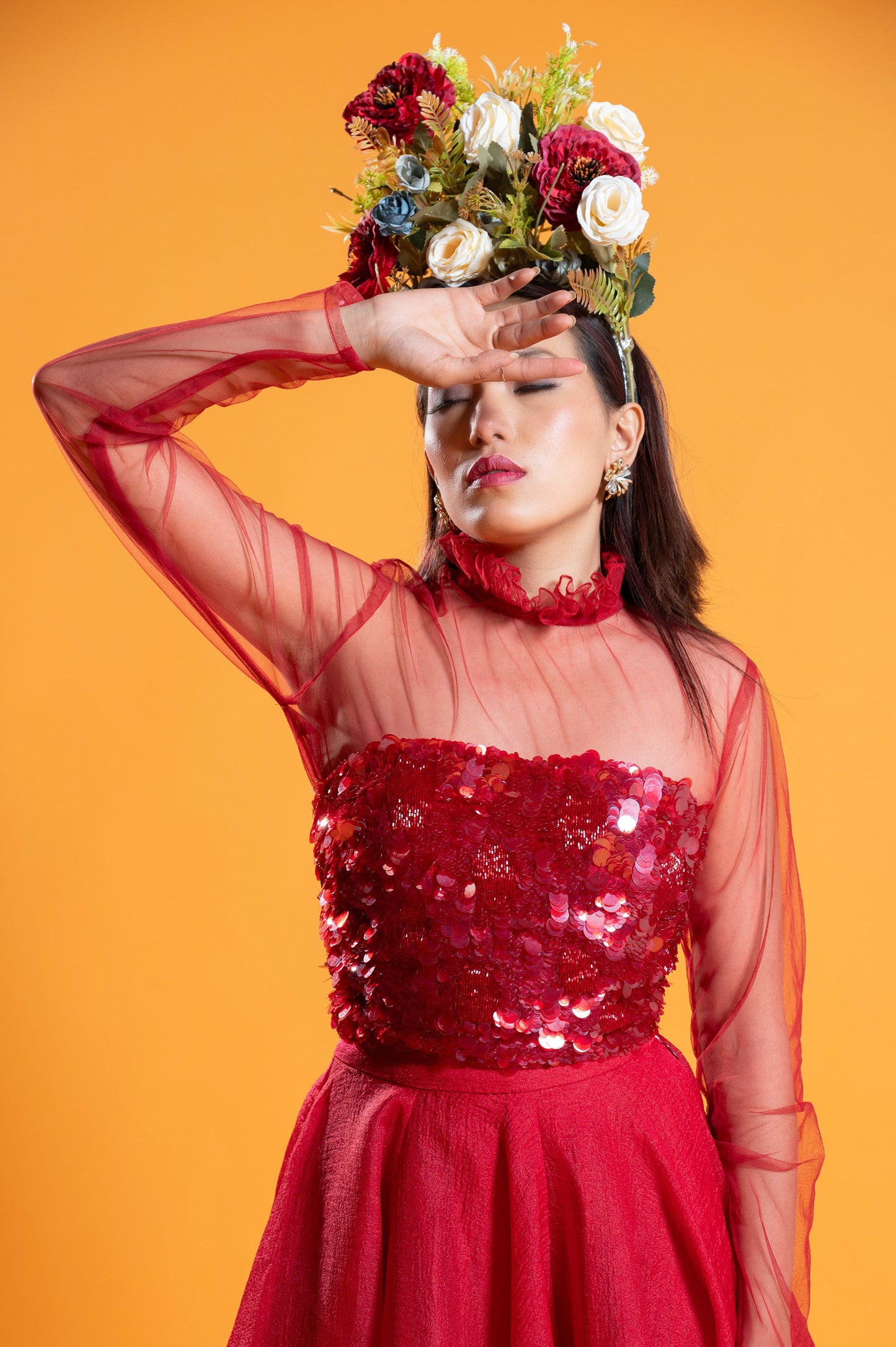 Verbena Red Satin & Tulle Three Piece Party Wear Set