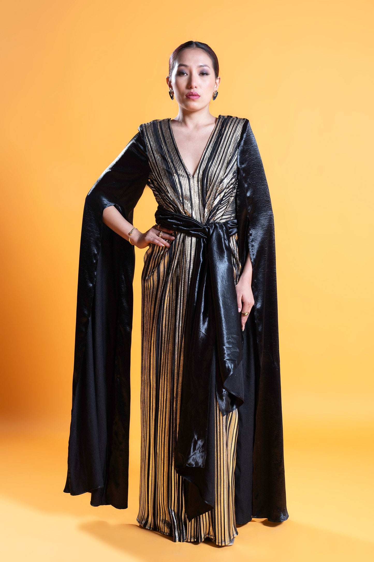 Black & Marigold Noir Satin Designer Gown