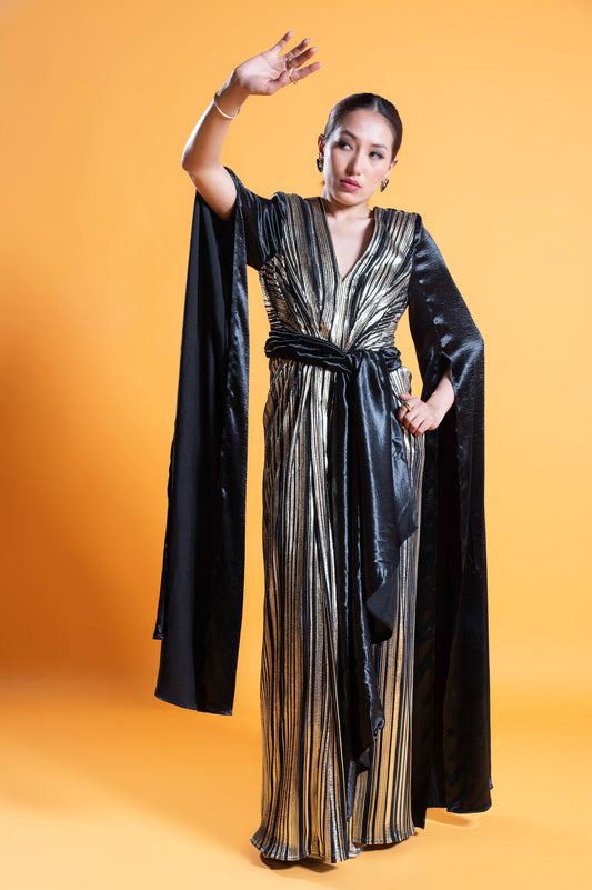 Black & Marigold Noir Satin Designer Gown