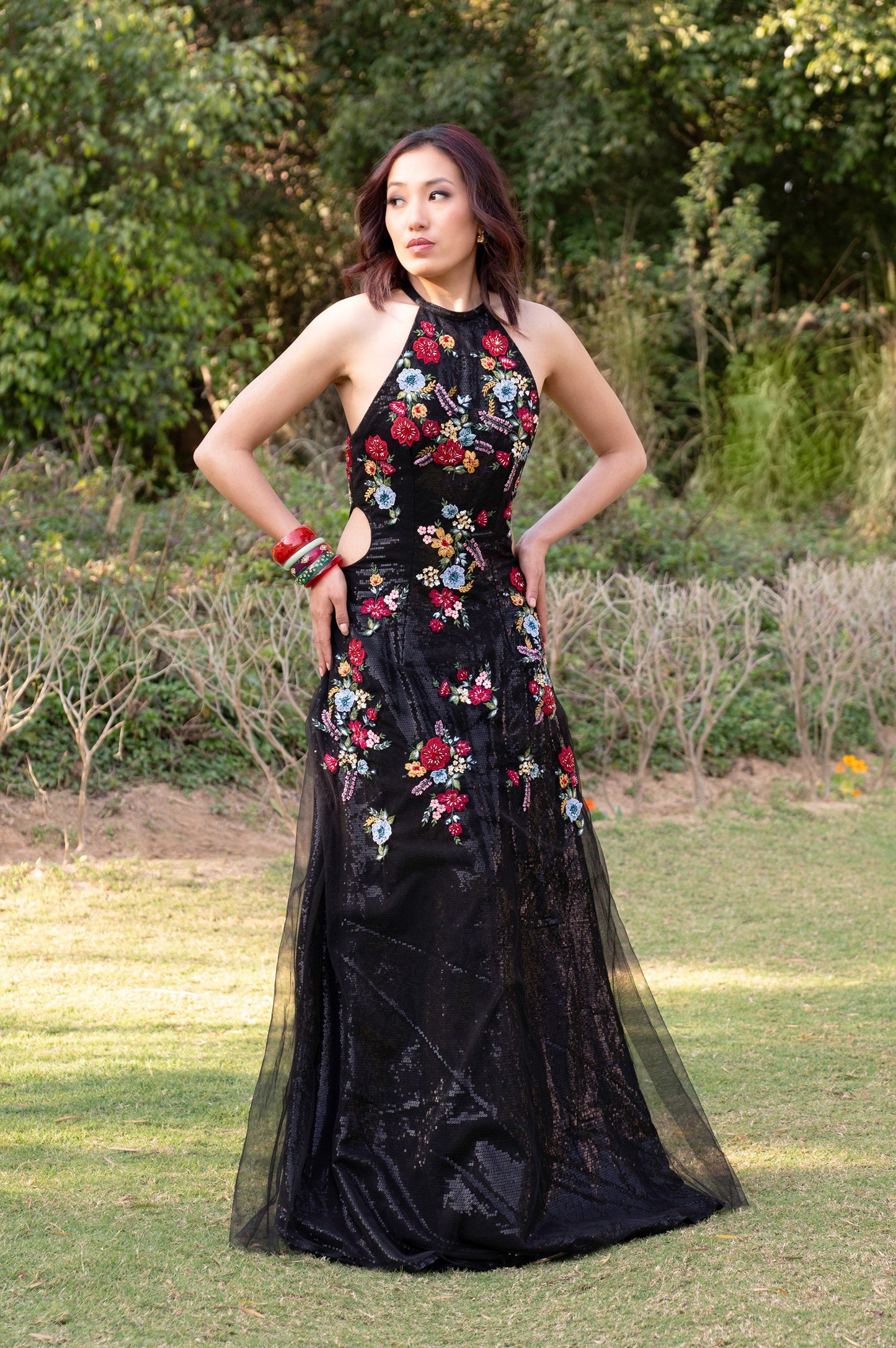 Lantana Black Tulle Floral Gown