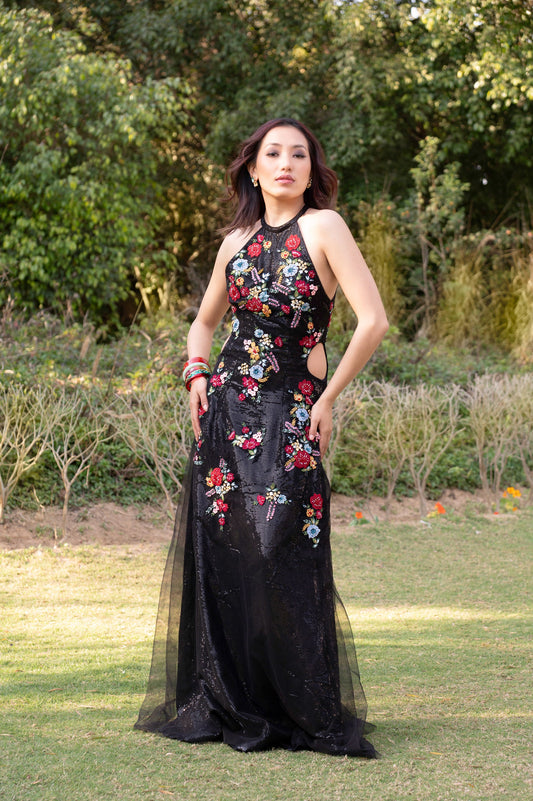 Lantana Black Tulle Floral Gown