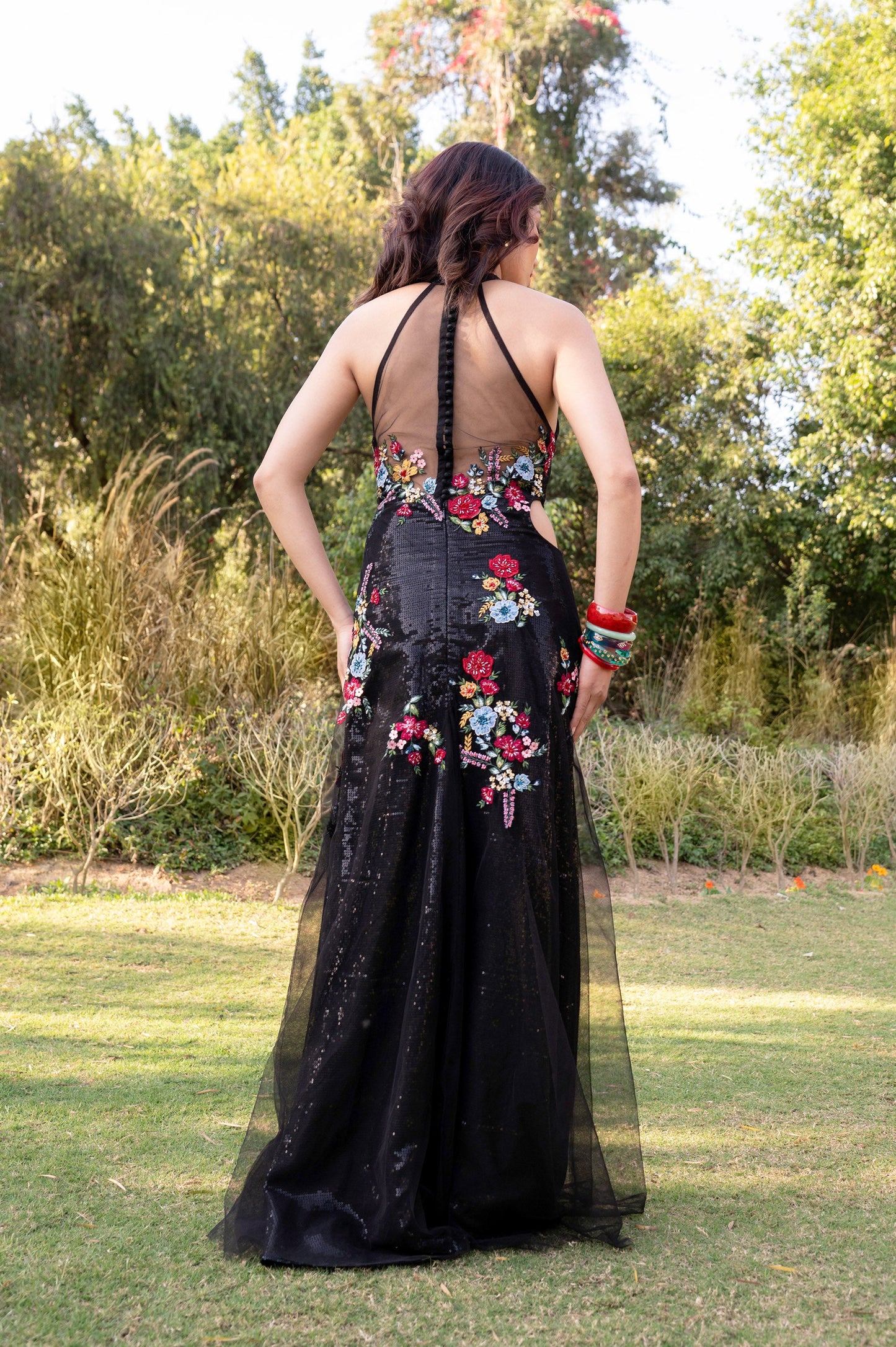Lantana Black Tulle Floral Gown