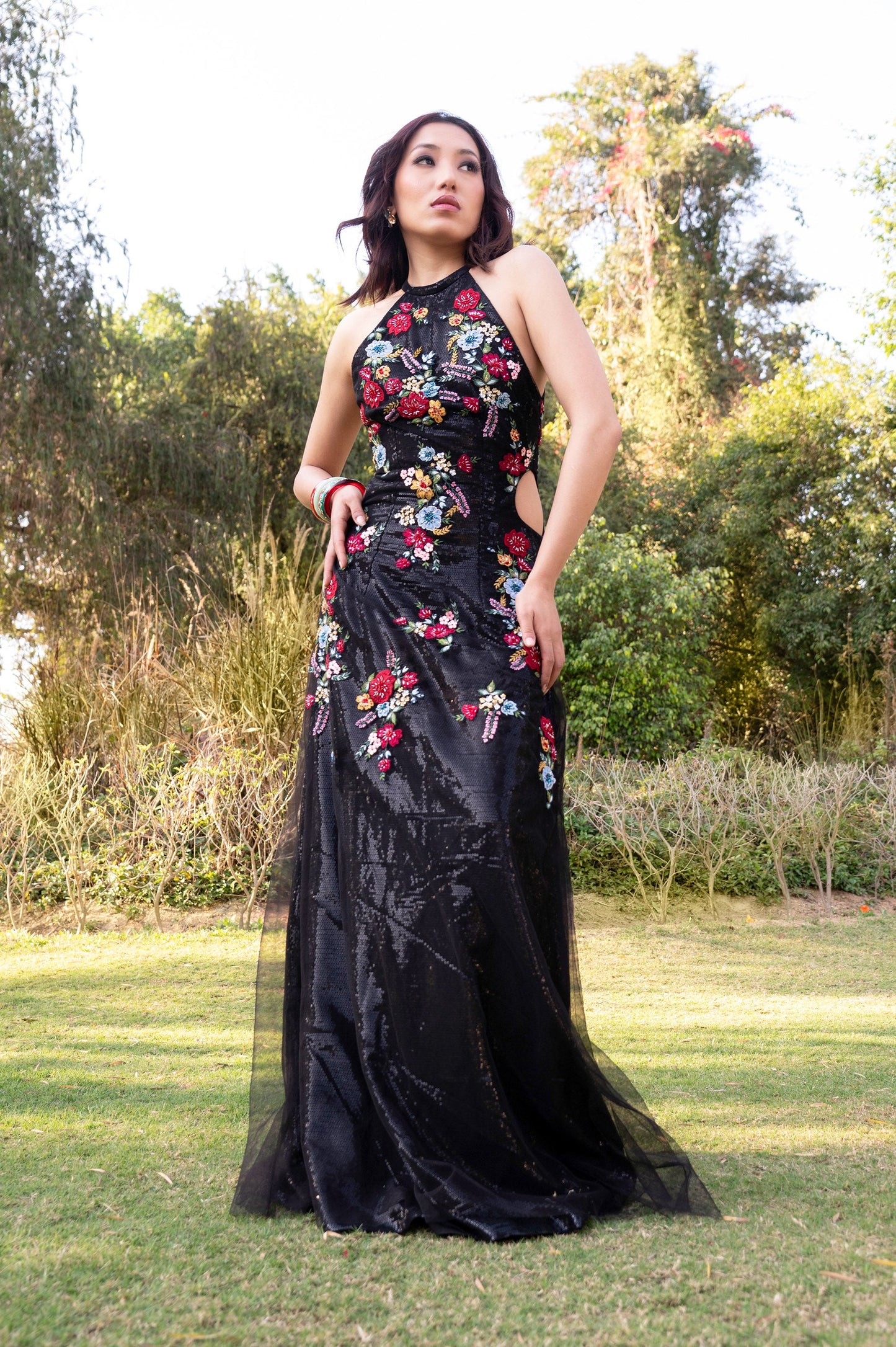 Lantana Black Tulle Floral Gown