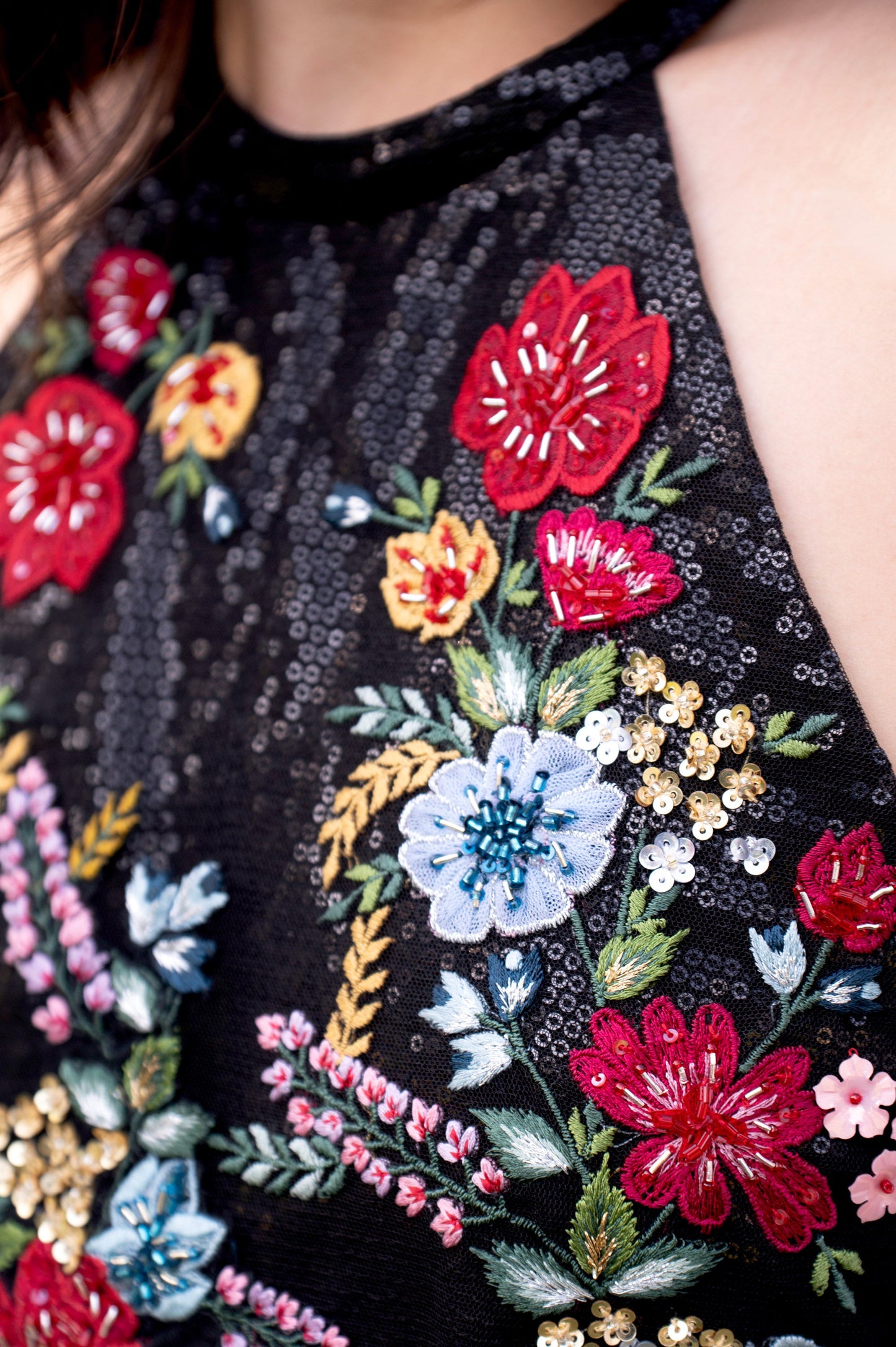 Lantana Black Tulle Floral Gown