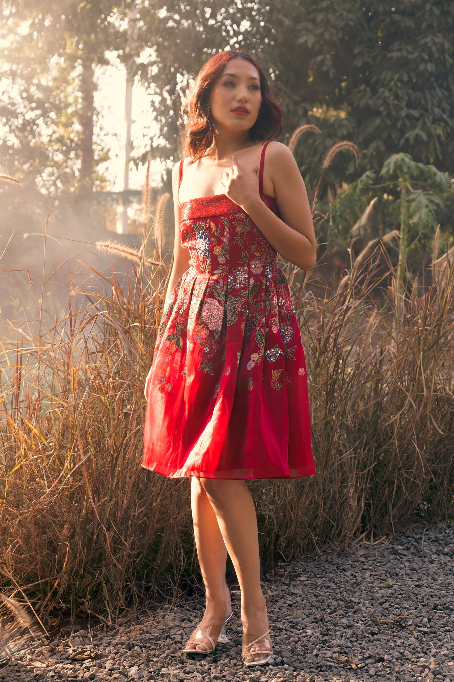 Zinnia Red Satin & Organza Mini Party Wear Dress