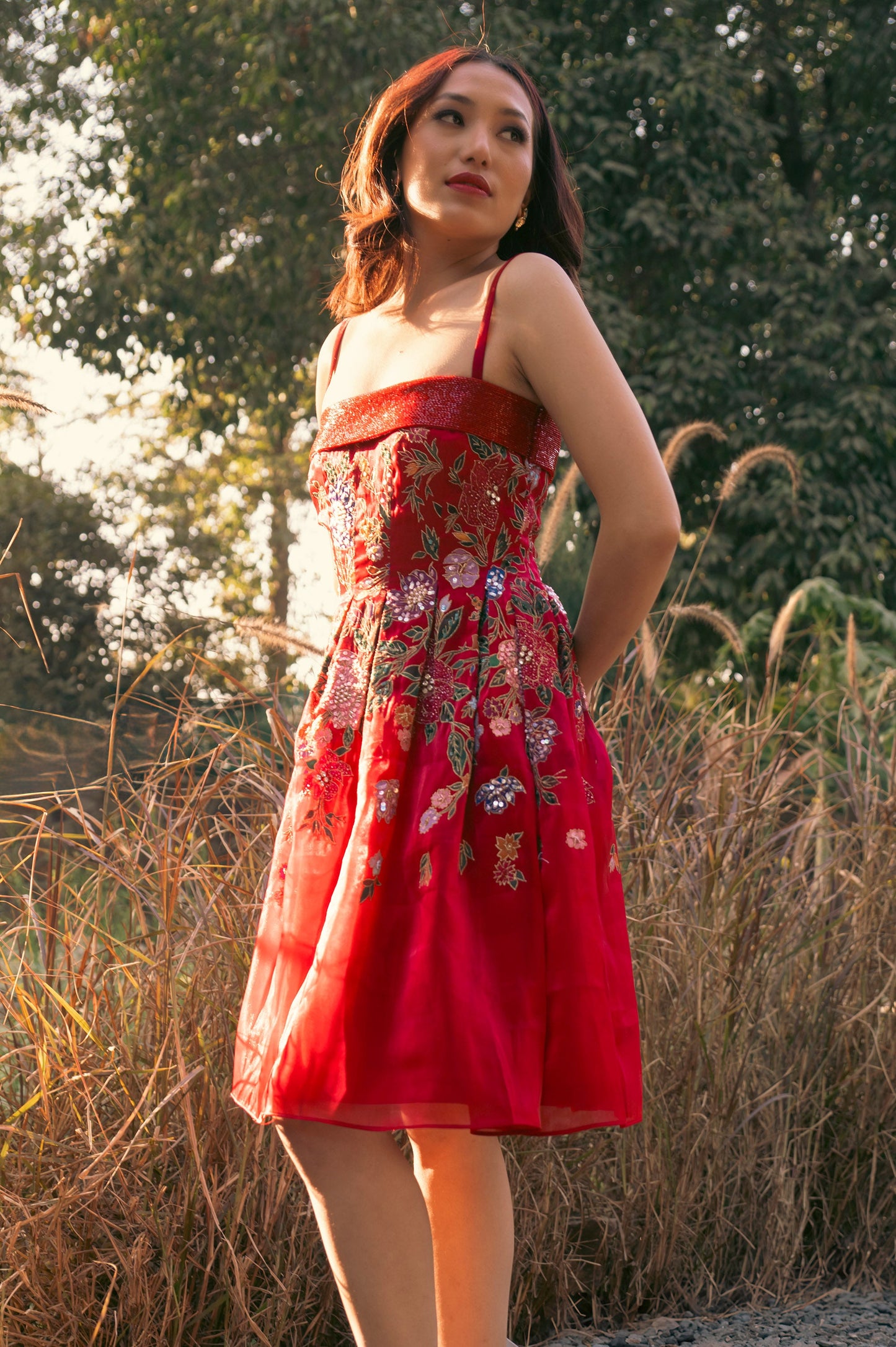 Zinnia Red Satin & Organza Mini Party Wear Dress