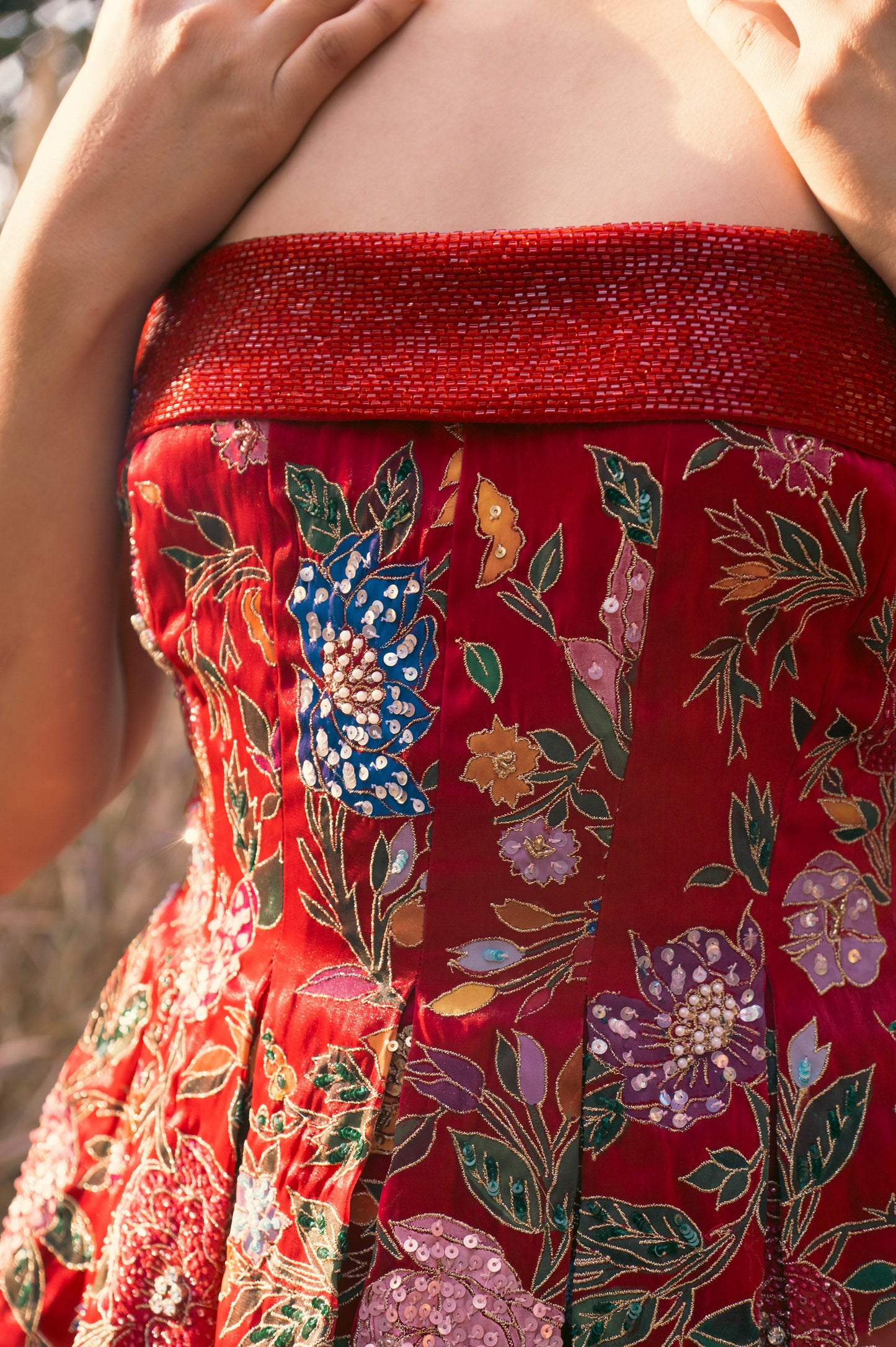 Zinnia Red Satin & Organza Mini Party Wear Dress