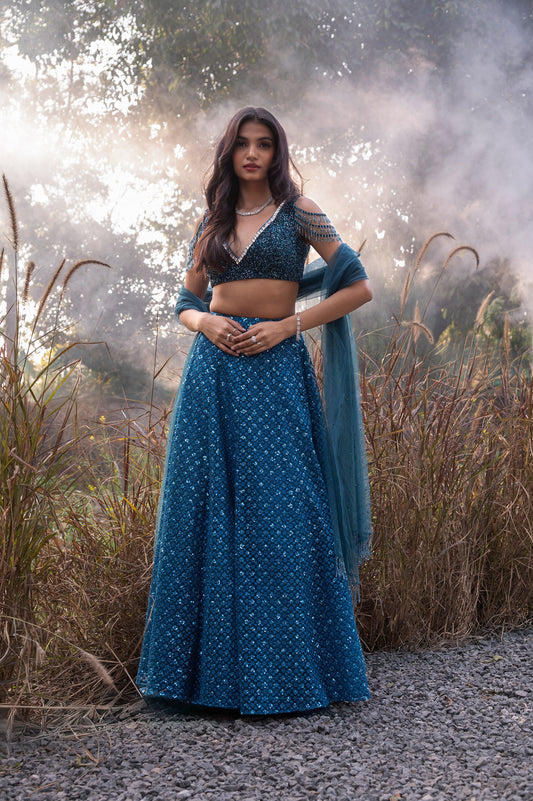 Aster Teal Blue Tulle Designer Lehenga Set