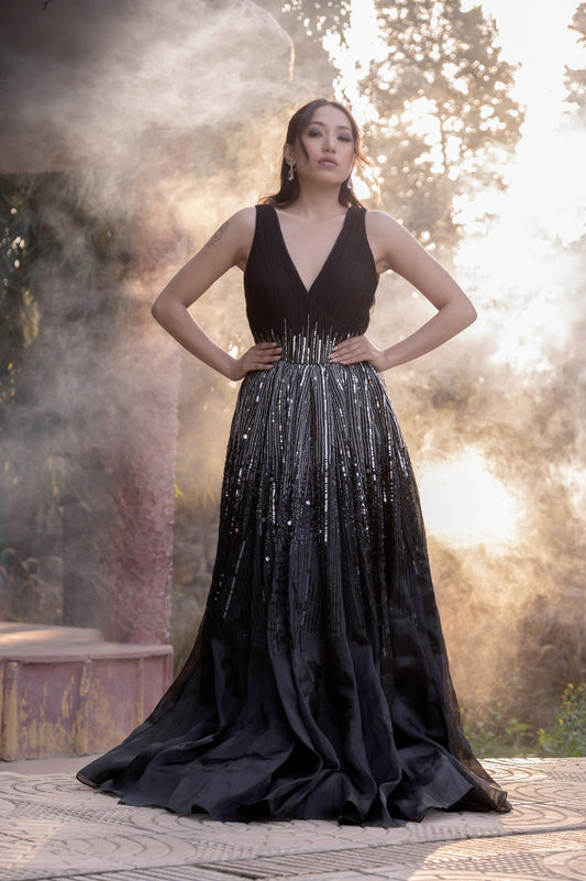 Nightshade Black Satin & Organza Sangeet Gown