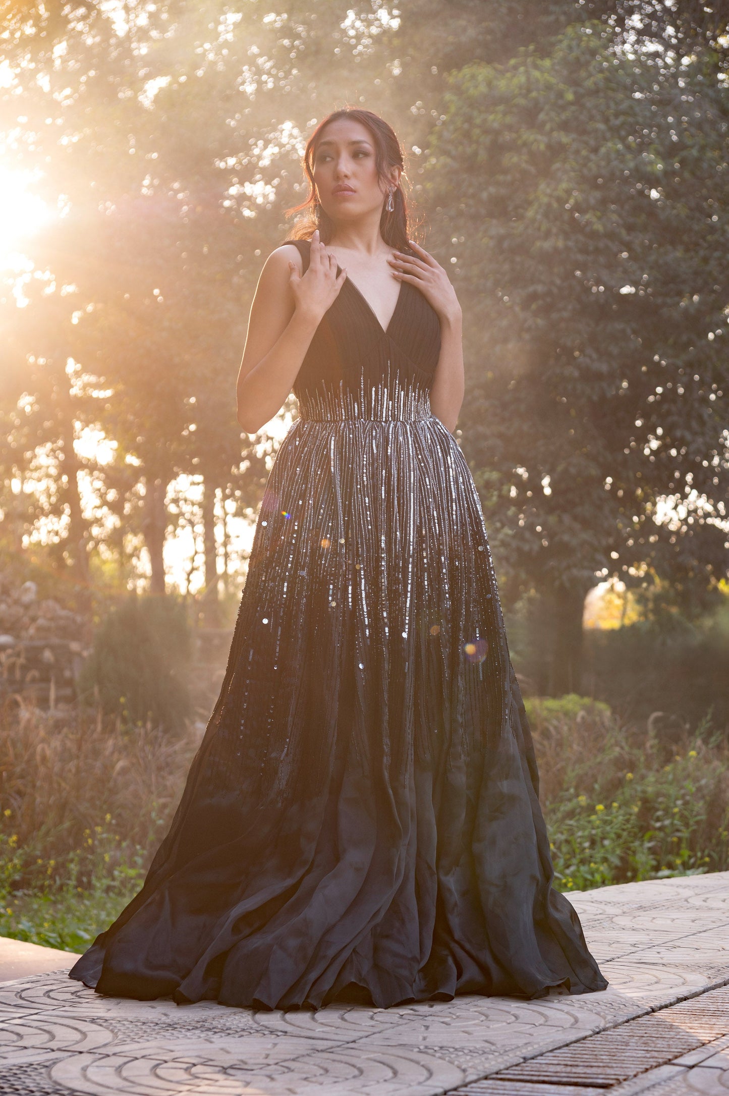 Nightshade Black Satin & Organza Sangeet Gown