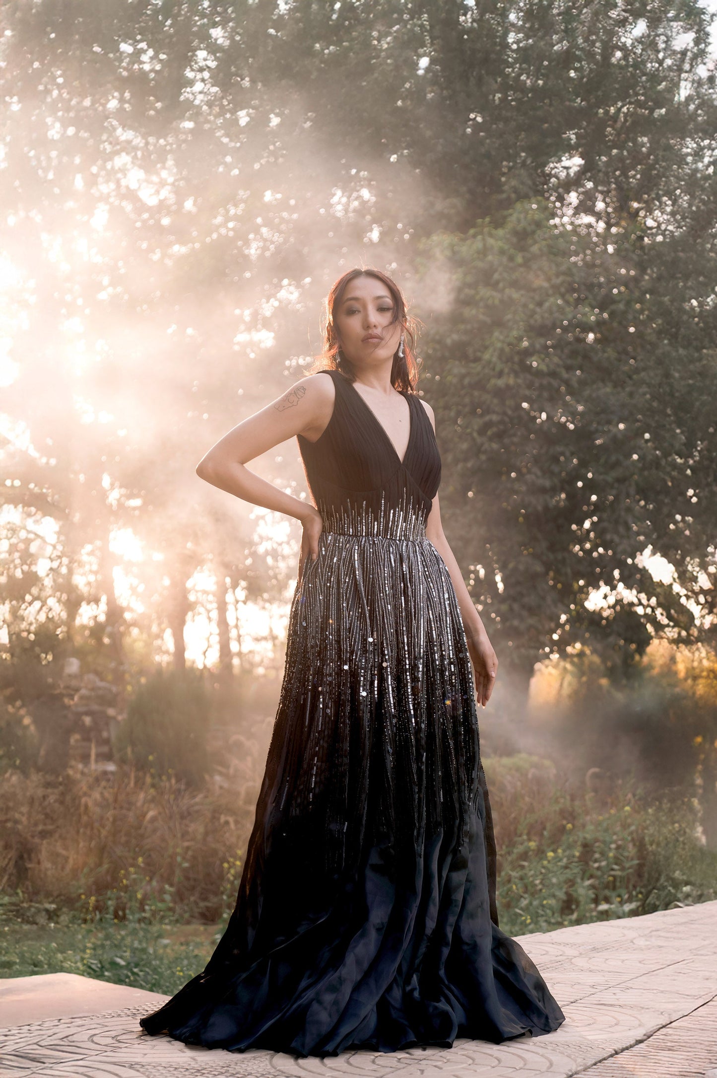 Nightshade Black Satin & Organza Sangeet Gown