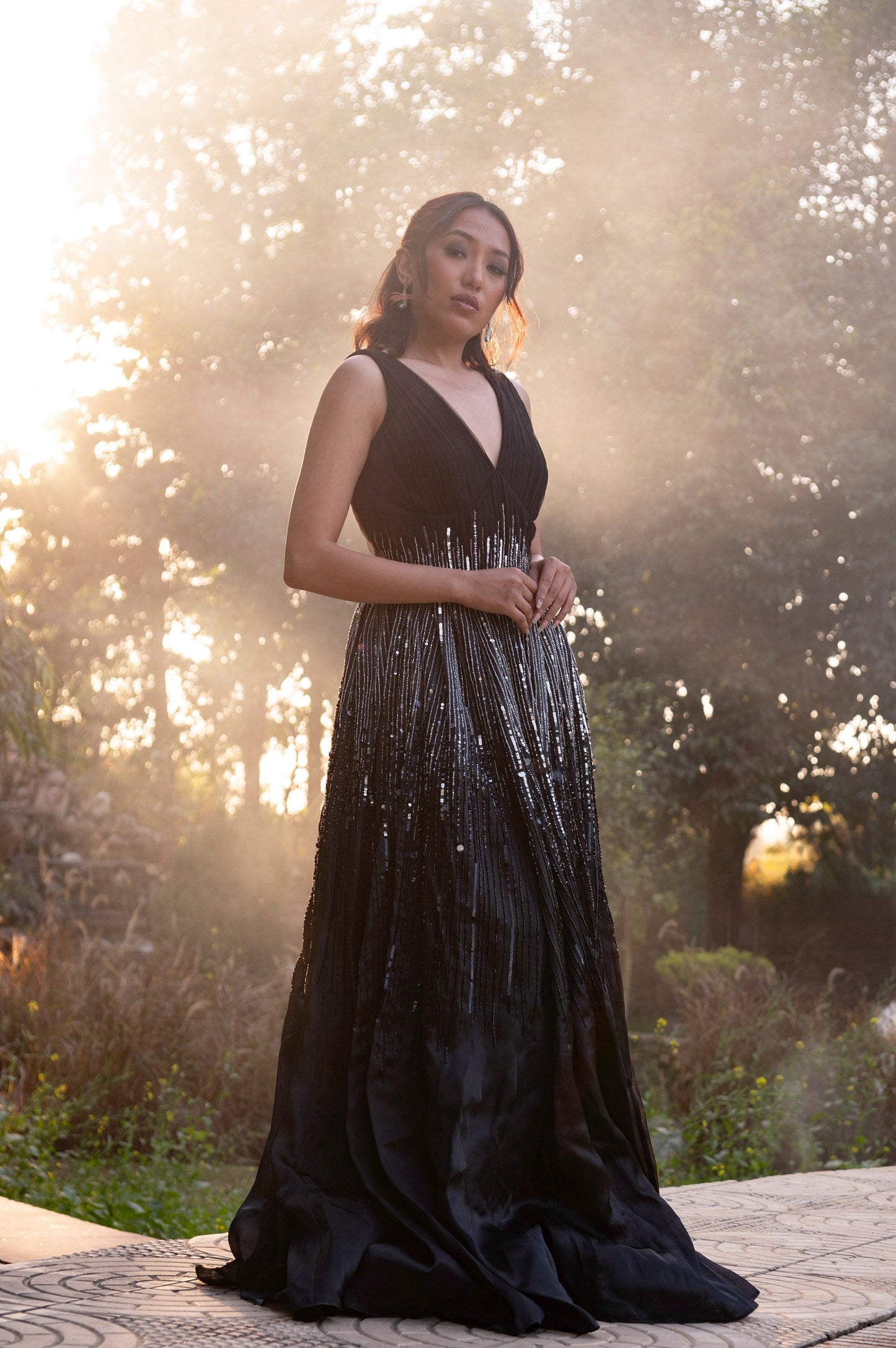 Nightshade Black Satin & Organza Sangeet Gown