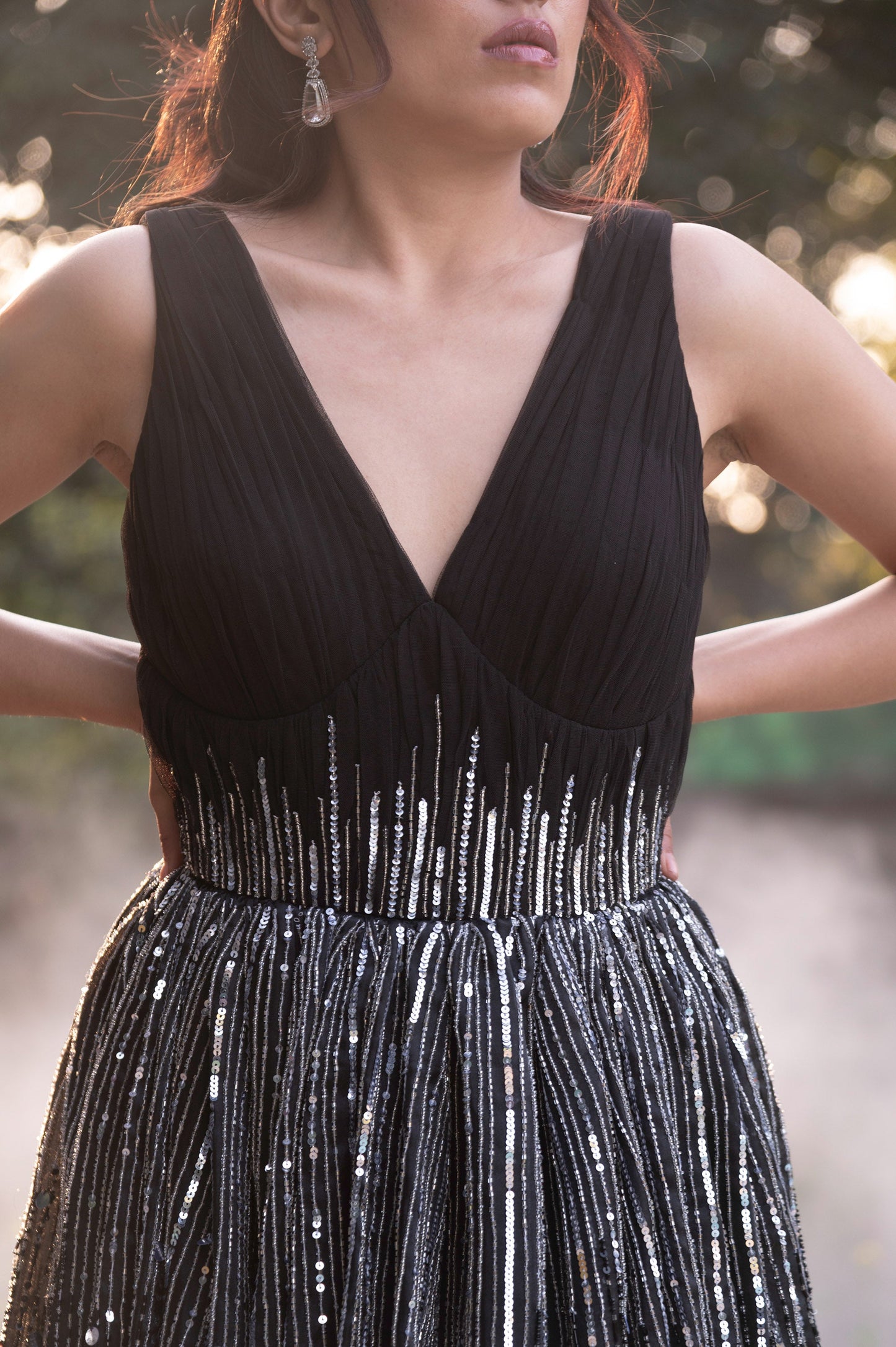 Nightshade Black Satin & Organza Sangeet Gown